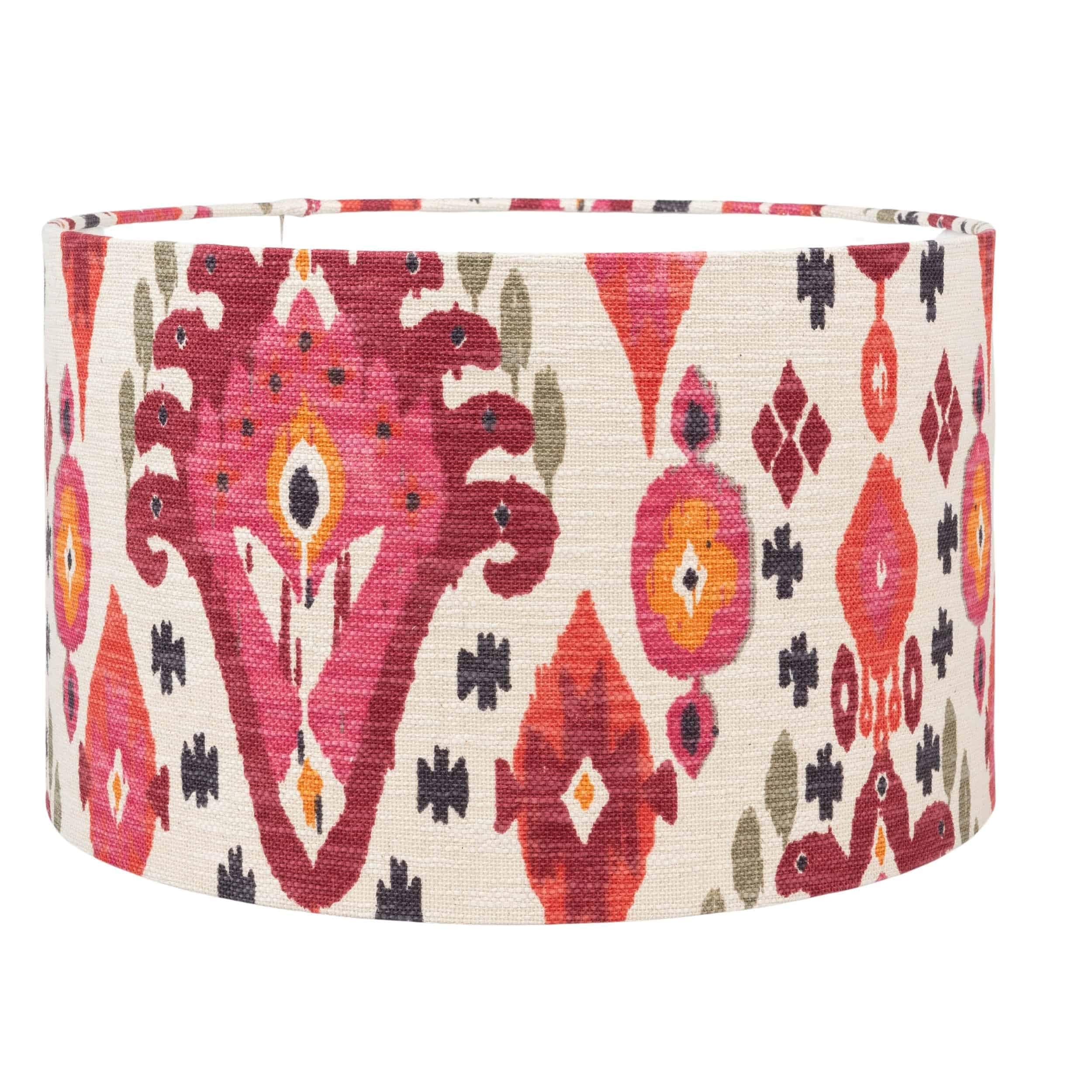 Heavyweight Linen-Blend Ikat Lampshade. Bright Pink and Orange Moroccan Inspired Abstract Geometric Design. Cylinder Style Table and Ceiling Lighting Shade (Pink, 30cm Ceiling Pendant Shade)