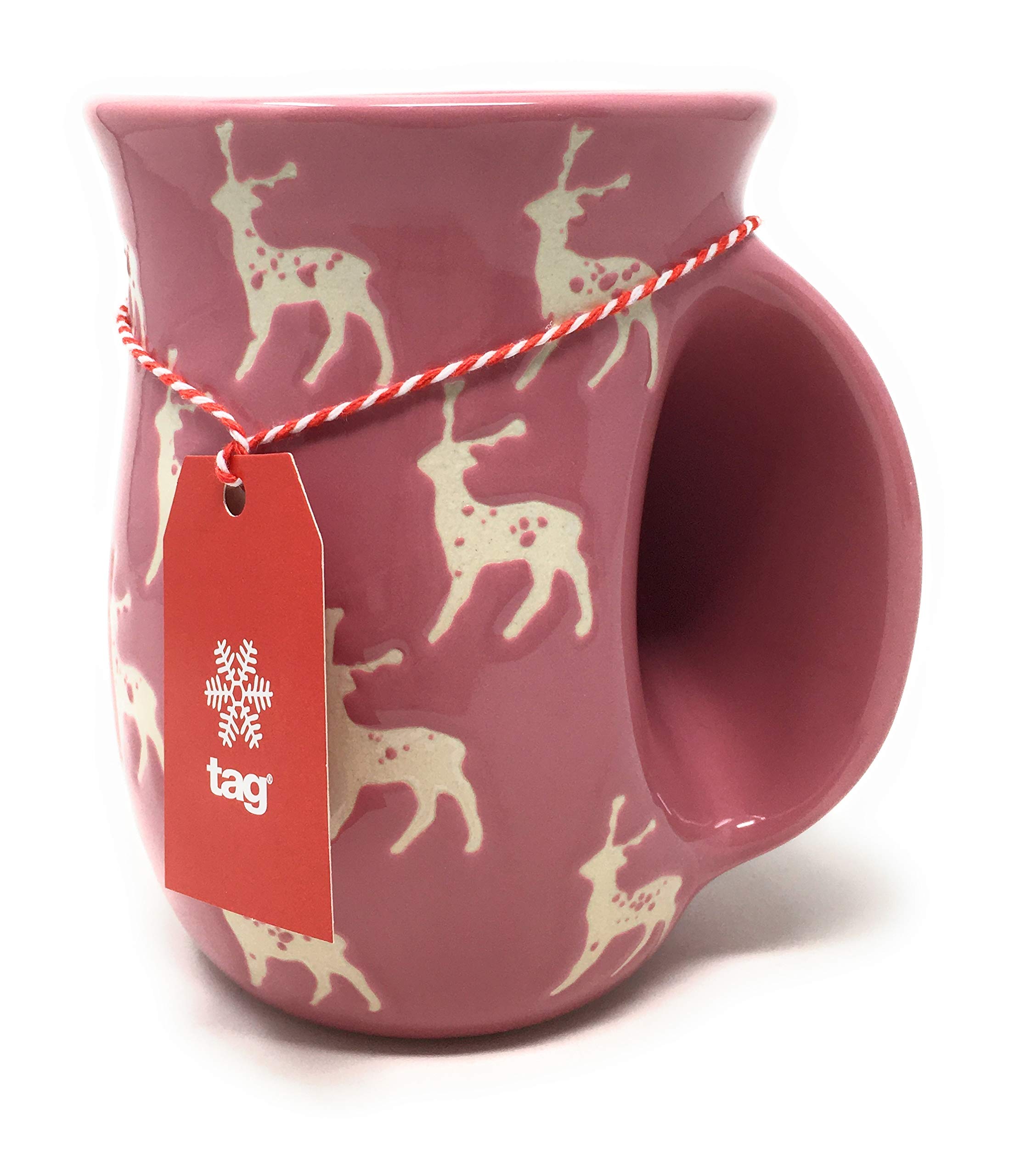 tag 16 oz. Joyful Deer Hand Warmer Christmas Stoneware Mug XMAS Winter Holidays Coffee Hot Tea Cocoa Home Kitchen Festive Decor Decoration Pink