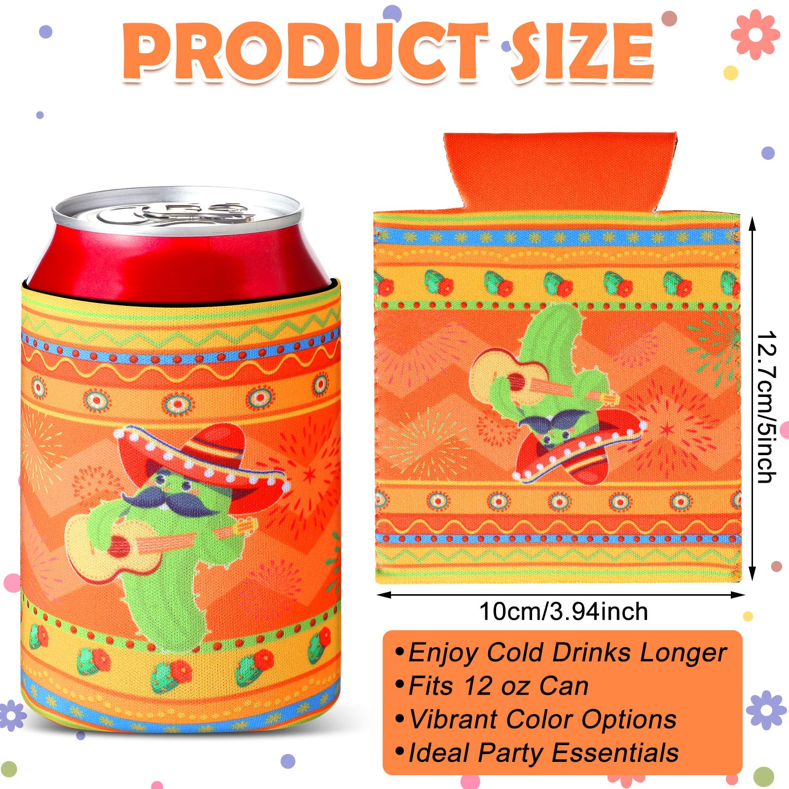Shellwei 24 Mexican Can Cooler Sleeves Fiesta 12 oz Insulated Neoprene Can Cover for Soda Beer Beverages Cactus Mexican Party Decorations Cincode Mayo Fiesta Party Supplies (Novel)