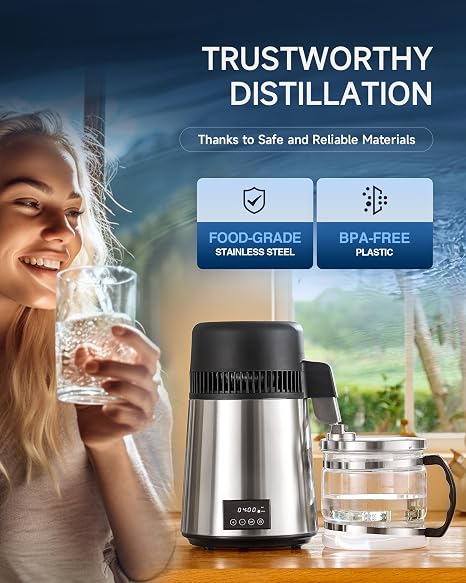 CO-Z 4L Stainless Steel Water Distiller with Reservation & Auto-Off, 750W Distilled Water Maker with 304 SS Inner Tank, Countertop Design for Home & Office