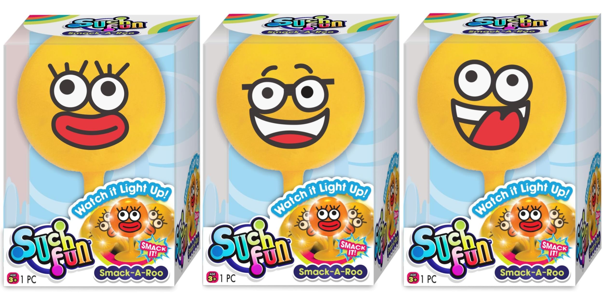 JA-RU Emoji Light Up Smack It Toy (3 Units Assorted). Fun Faces Smack-a-Roo. Stick to Surface Punching Toy. Light Up, LED, Squeeze, Flashing, Party Favor, Classroom Prize. 4913-3