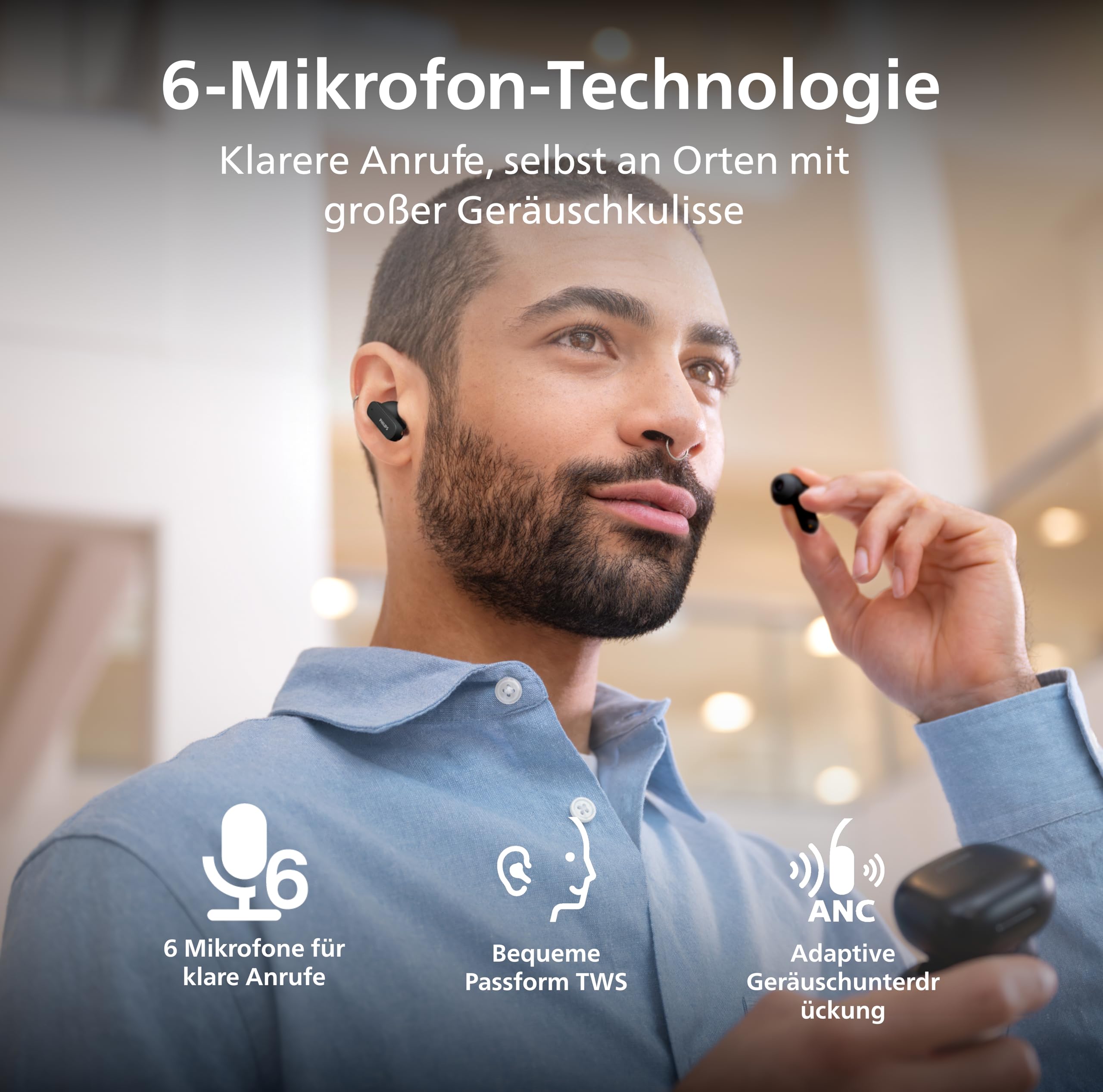 Philips TAT3000 True‑Wireless‑Ohrhörer mit adaptiver Geräuschunterdrückung, bis zu 48 h Wiedergabedauer, SecureFit‑Silikonstöpseln, 6 Mikrofonen, Bluetooth 6.0, Auracast, IPX4 und kompaktem Ladeetui
