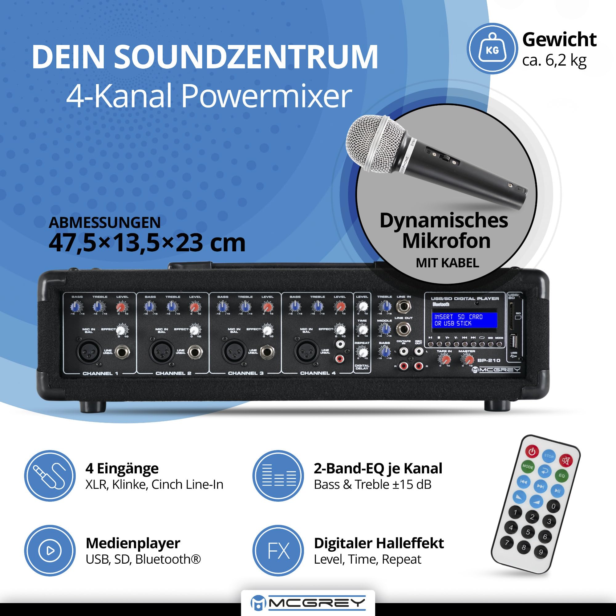 McGrey BP-210 Bandpack PA-Anlage 4-Kanal Powermixer Bluetooth 2-Wege-Lautsprecher 10" Woofer Horn 100 Watt