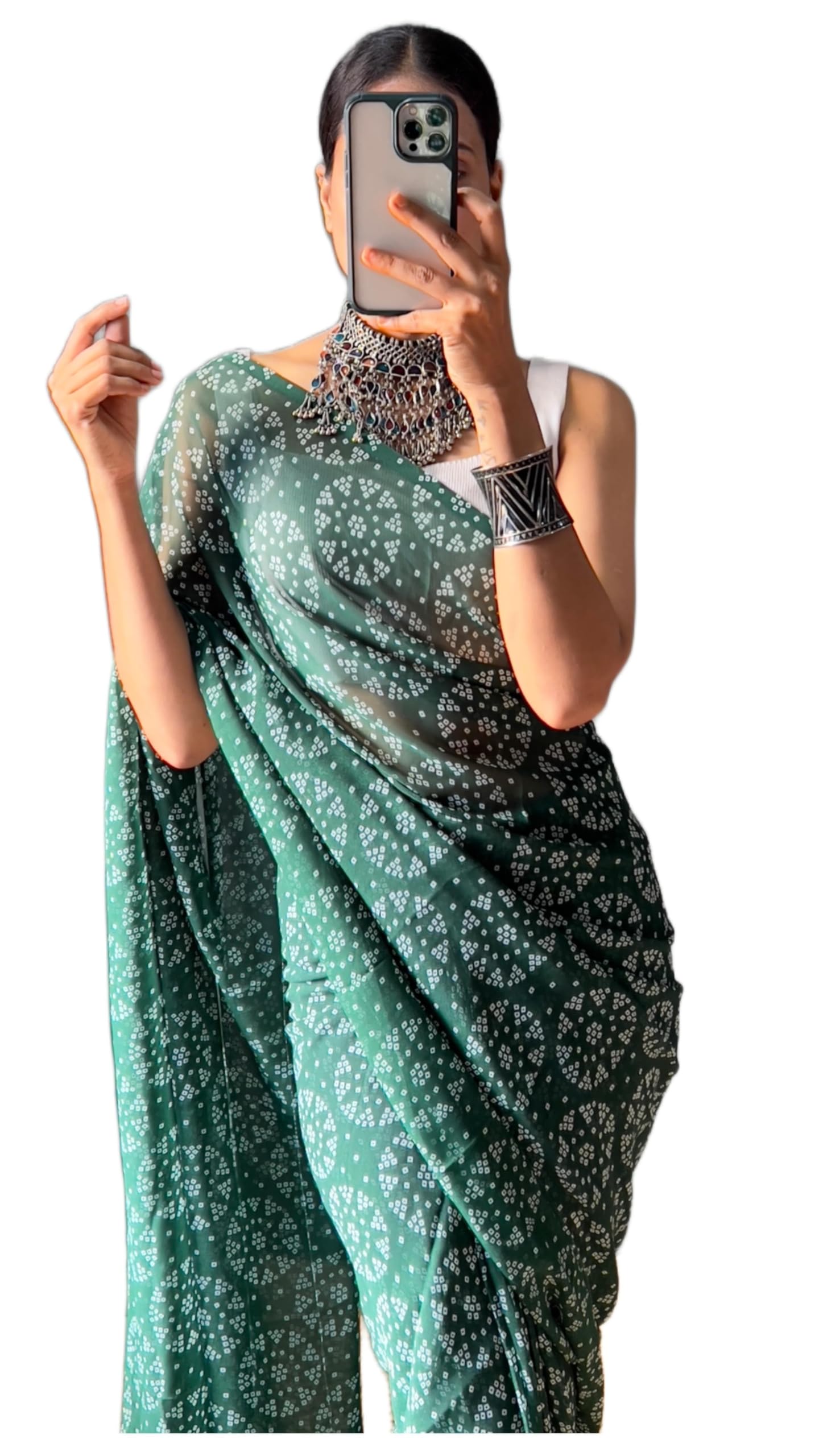 stylescope Women's Georgette Bandhani Printed Ready To Wear One Minute Saree With Unstitched Blouse Piece (RTW Sitara Bottle Green_Bottle Green_Free Size)-picture-19