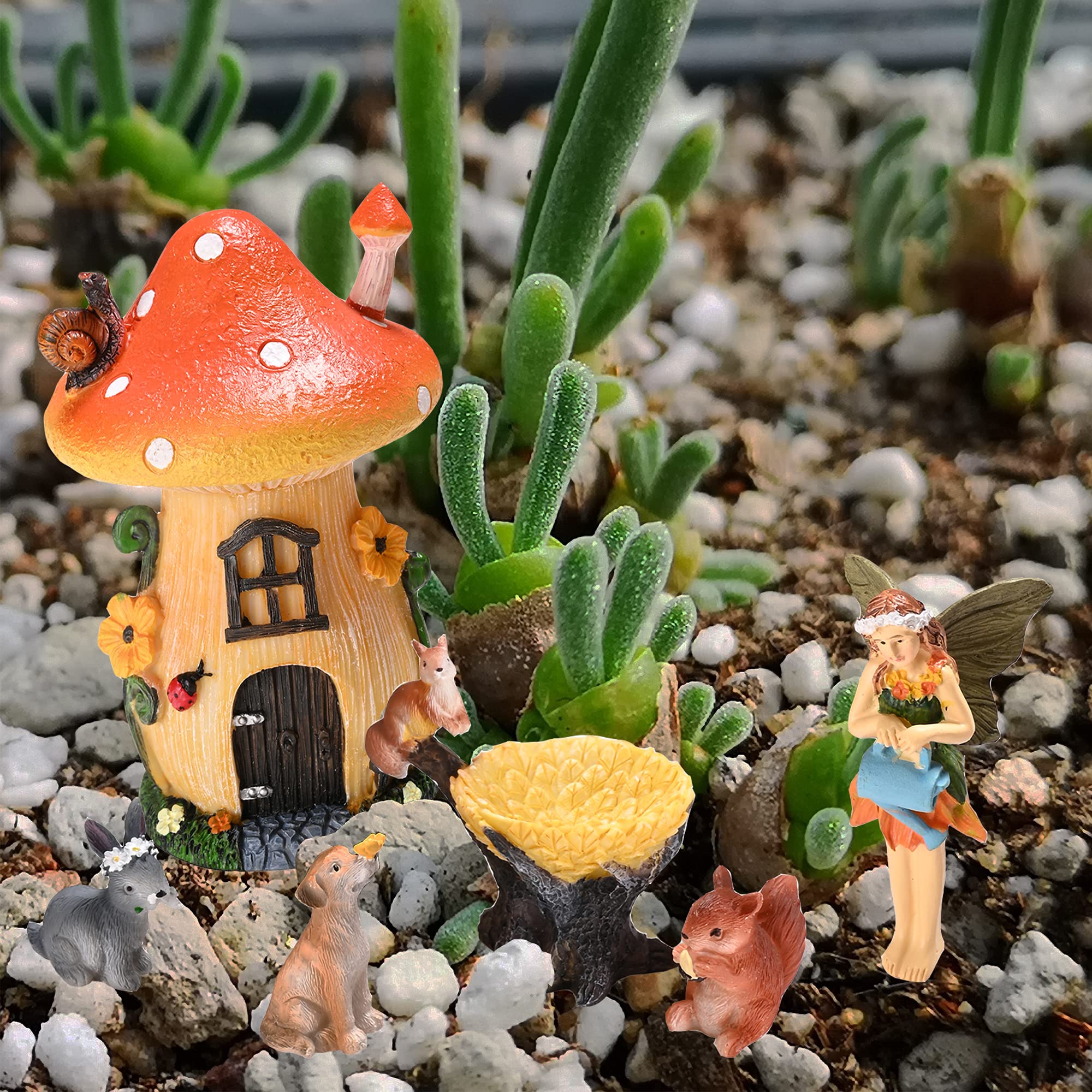 Sparkle Race Kit de accesorios de jardín de hadas con figuras en miniatura, kit de jardín de hadas para decoración de jardín de gnomos para niños, pueblo de hadas con mini figuras de hadas para