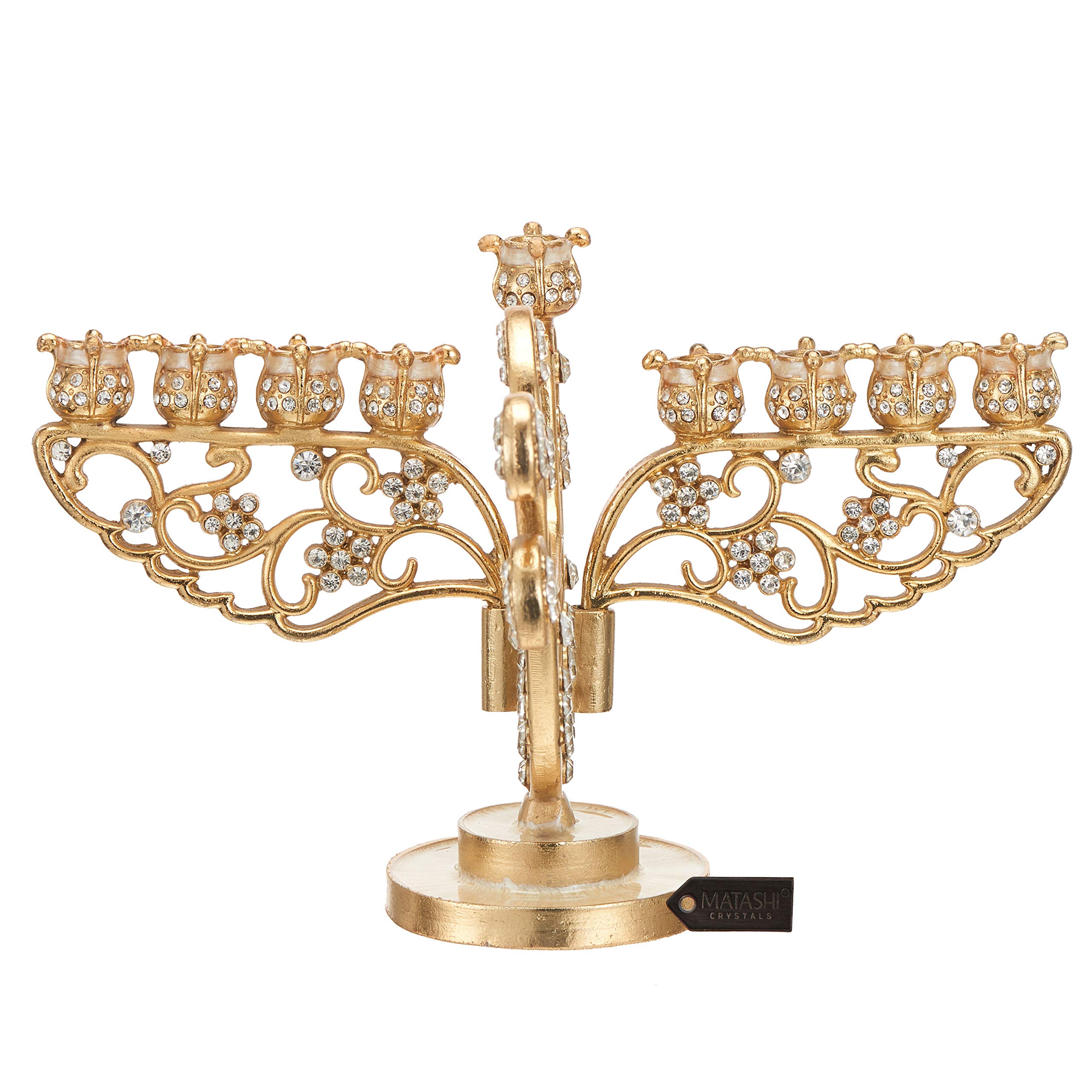 Matashi Gold Painted Dove Hanukkah Menorah Candelabra, Embellished with Crystals - Jewish Candle Holder, Holy Land Gift Showpiece for Living Room
