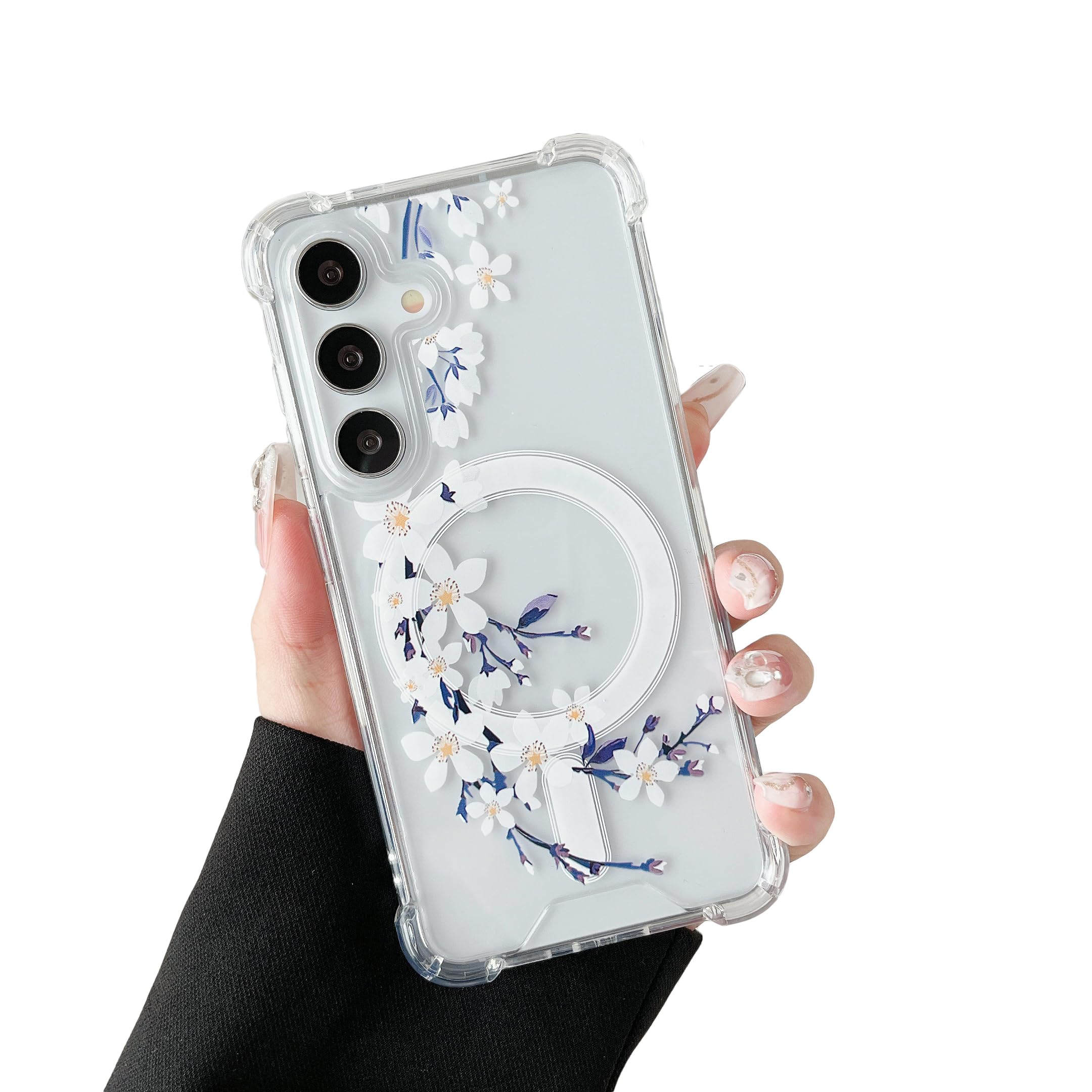 DEFBSC Magnetic Case for Samsung Galaxy S24 Plus [Work with Magsafe] Clear Floral Flower Pattern Print Design Flexible Acrylic Shockproof Cover Flower