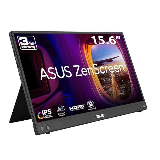 ASUS ZenScreen 16” (15.6 inch viewable) 1080P USB-C Portable Monitor (MB16AHV) - Full HD, IPS, Blue Light Filter, Anti-glare, Mini HDMI, Kickstand, Tripod Mountable, Protective Sleeve, 3 year warranty