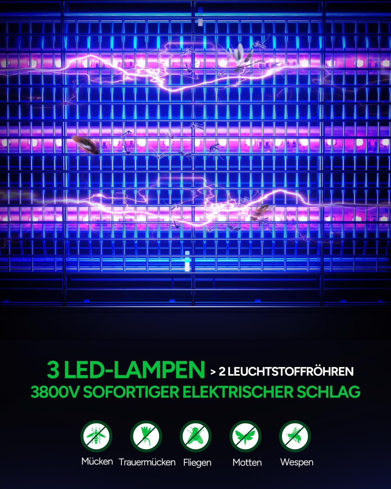 Buzbug Insetticida a LED, 3800 V, forte trappola per zanzare e mosche, 3 lampade, sostenibile con basso consumo energetico, lampada per zanzare, repellente per zanzare, cattura insetti (nero)