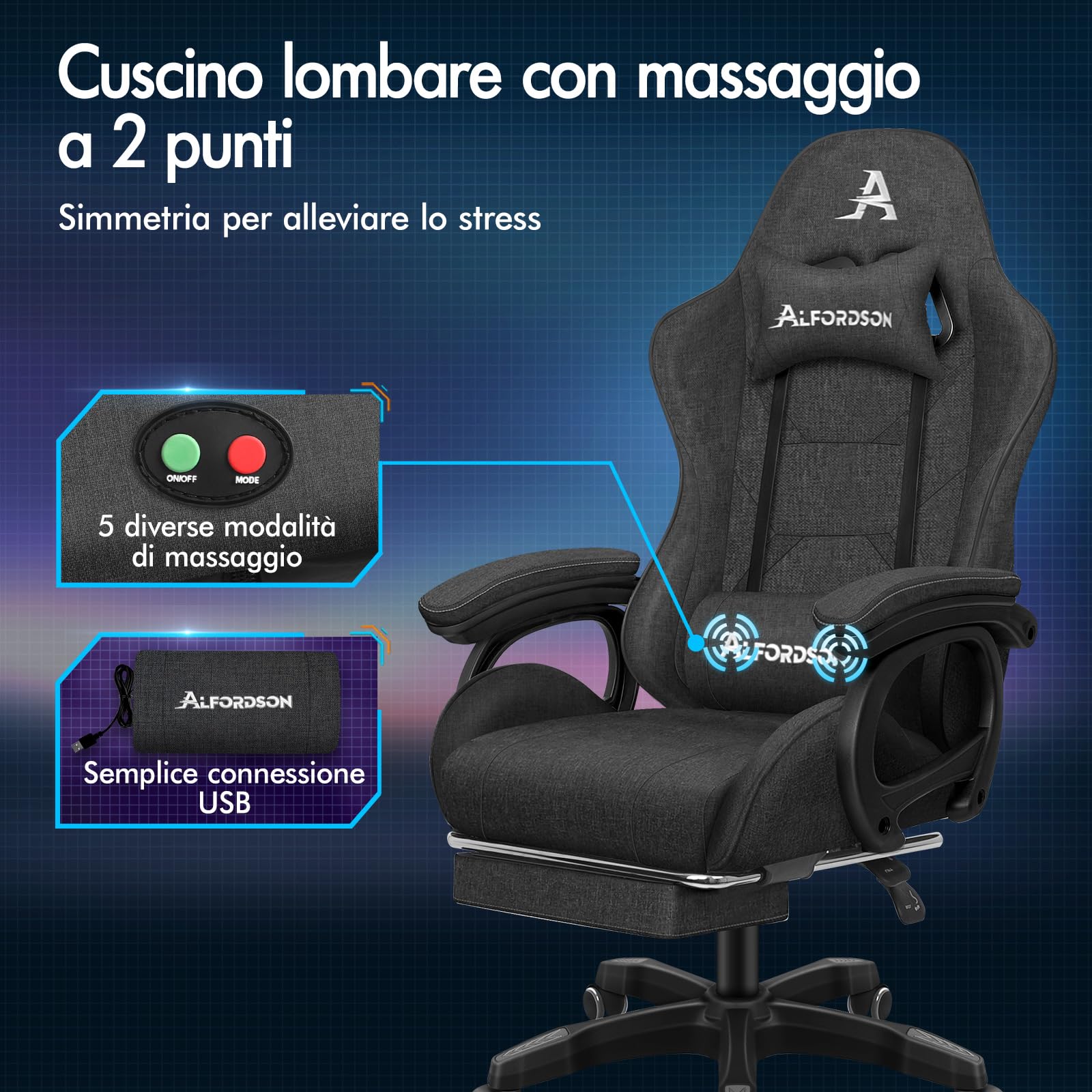 ALFORDSON Sedia da Gaming Massaggiante, Sedia Gamer con Cuscino Lombare e Poggiatesta, Poggiapiedi Telescopico, Ergonomico Sedie da Ufficio Schienale Regolabile 90-150°, Tessuto(Grigia scura)