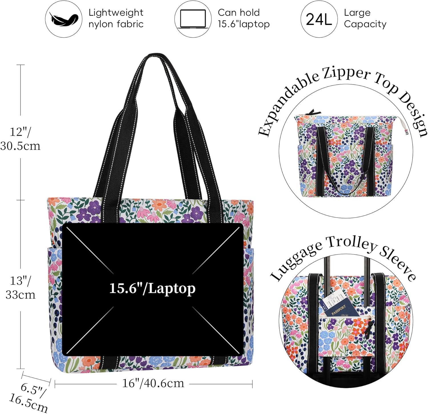 Tote Bag for Women with Laptop Compartment & Cup Holder,Nylon Bag for Work,Travel,Gym,Beach,Teacher,Nurse,School,Mom