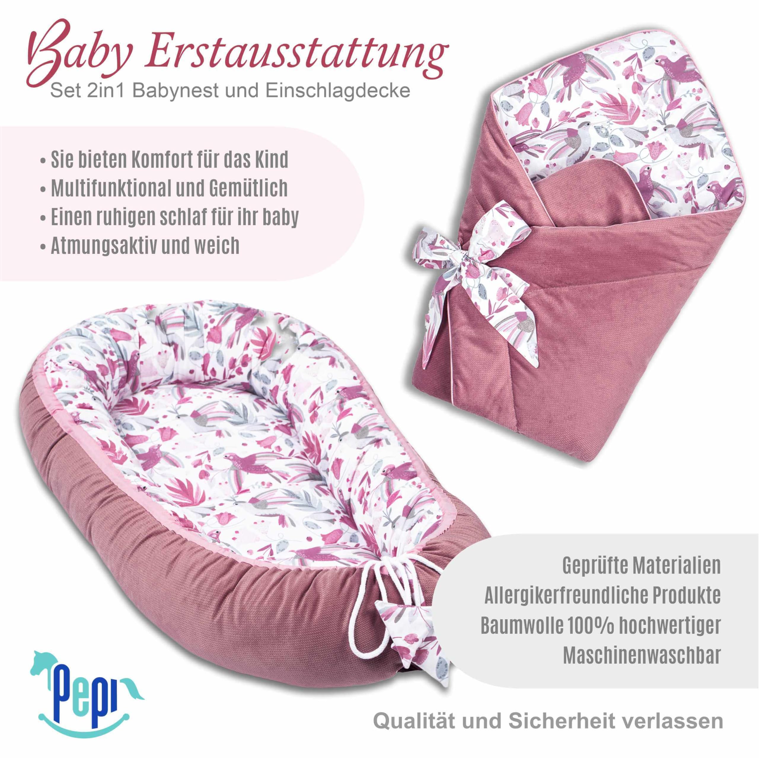 Pepi - Babynestchen Set Babynest 2in1 - Kegel aus 100% Baumwolle und Samt- Schlafsack Baby Abdeckhaube - Pucksack Baby Pucktuch - Pucktuch Baby - cottone&Velvet (Hummingbird Old rosa)