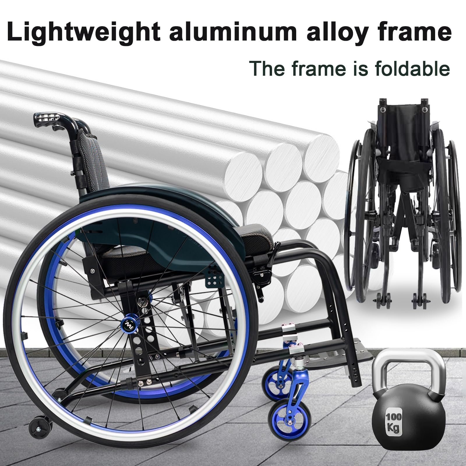 Lekki wózek inwalidzki, stop aluminium, dla dorosłych, wyposażony w opony terenowe, zdejmowany podnóżek (szerokość siedziska: 42 cm)