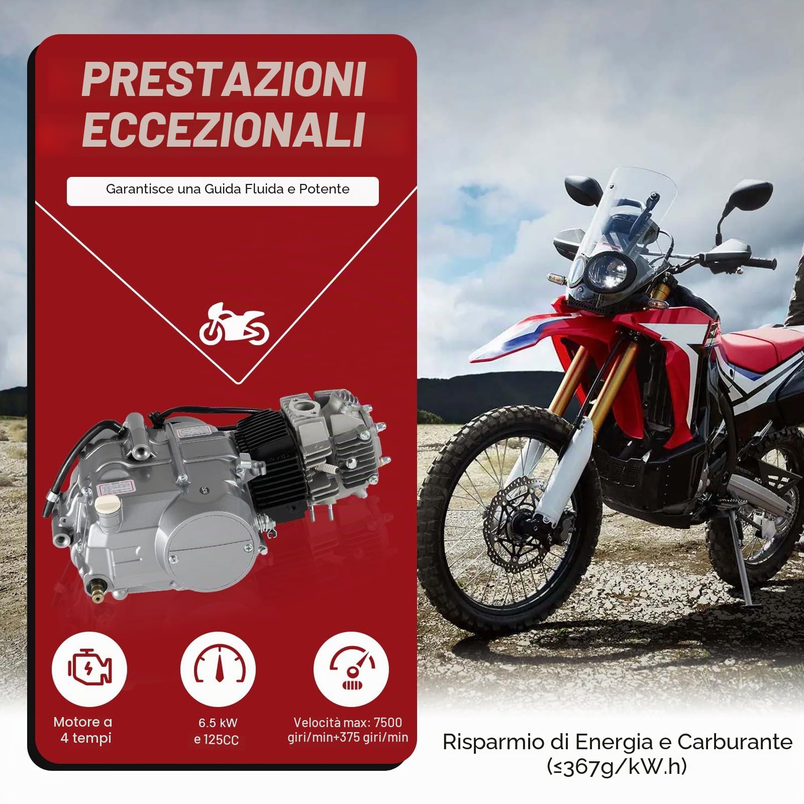 Motore Moto 125 cc, motore pit bike quad dirt bike 125cc 4 tempi, 4 marce, attacco a mano, motore CDI, singolo cilindro, 9.0: 1 rapporto di compressione e carburatore PZ16J