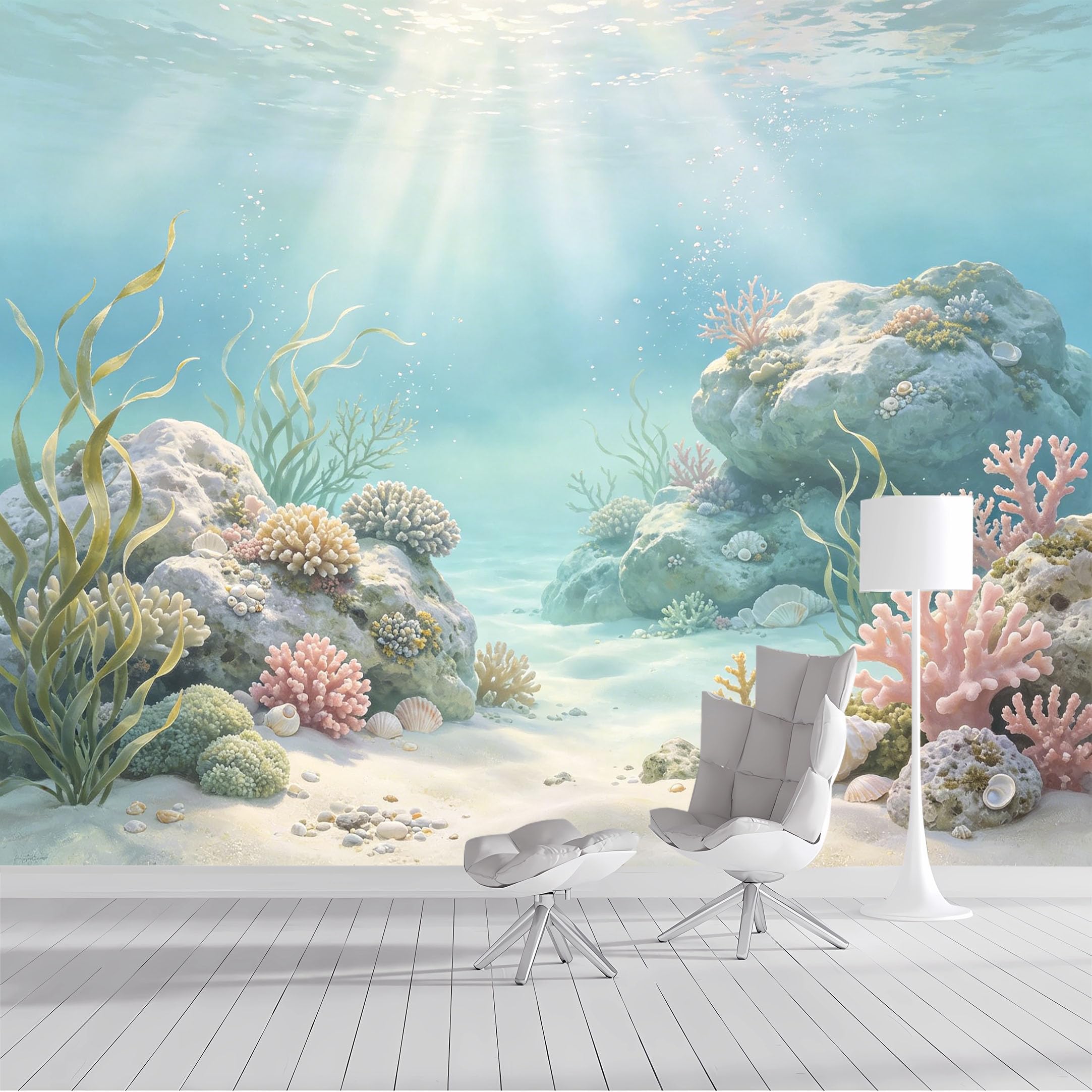 Custom Size Wall Mural Underwater Coral Reef Seascape Marine Life Watercolor SelfAdhesive Wall Fabric Removable Peel and Stick Wallpaper Wall Decor for Living Room Bedroom Bathroom