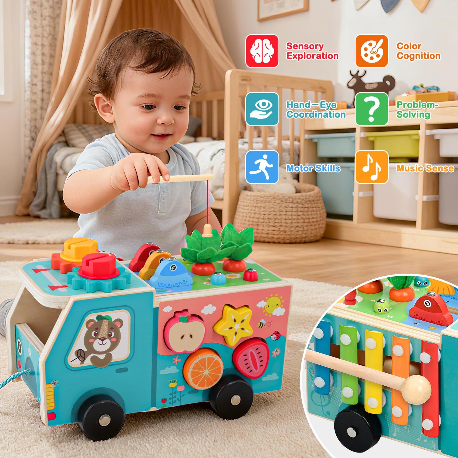 Cubo Motorio Giocattolo in Legno 5-in-1 Trattore con Pesca Gioco di Ingranaggi Xilofono Classificazione delle Forme Giocattolo Educativo Regalo per Bambini dai 1 ai 2 ai 3 Anni
