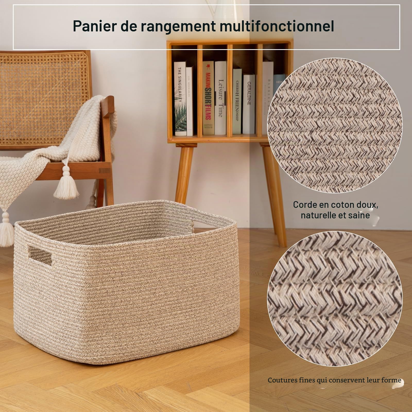 OIAHOMY Grand panier de rangement de couverture tissé avec poignée, panier en corde de coton pour organiser 55,9 x 43,2 x 30,5 cm, panier à couvertures, salon, panier à jouets pour chambre d'enfant