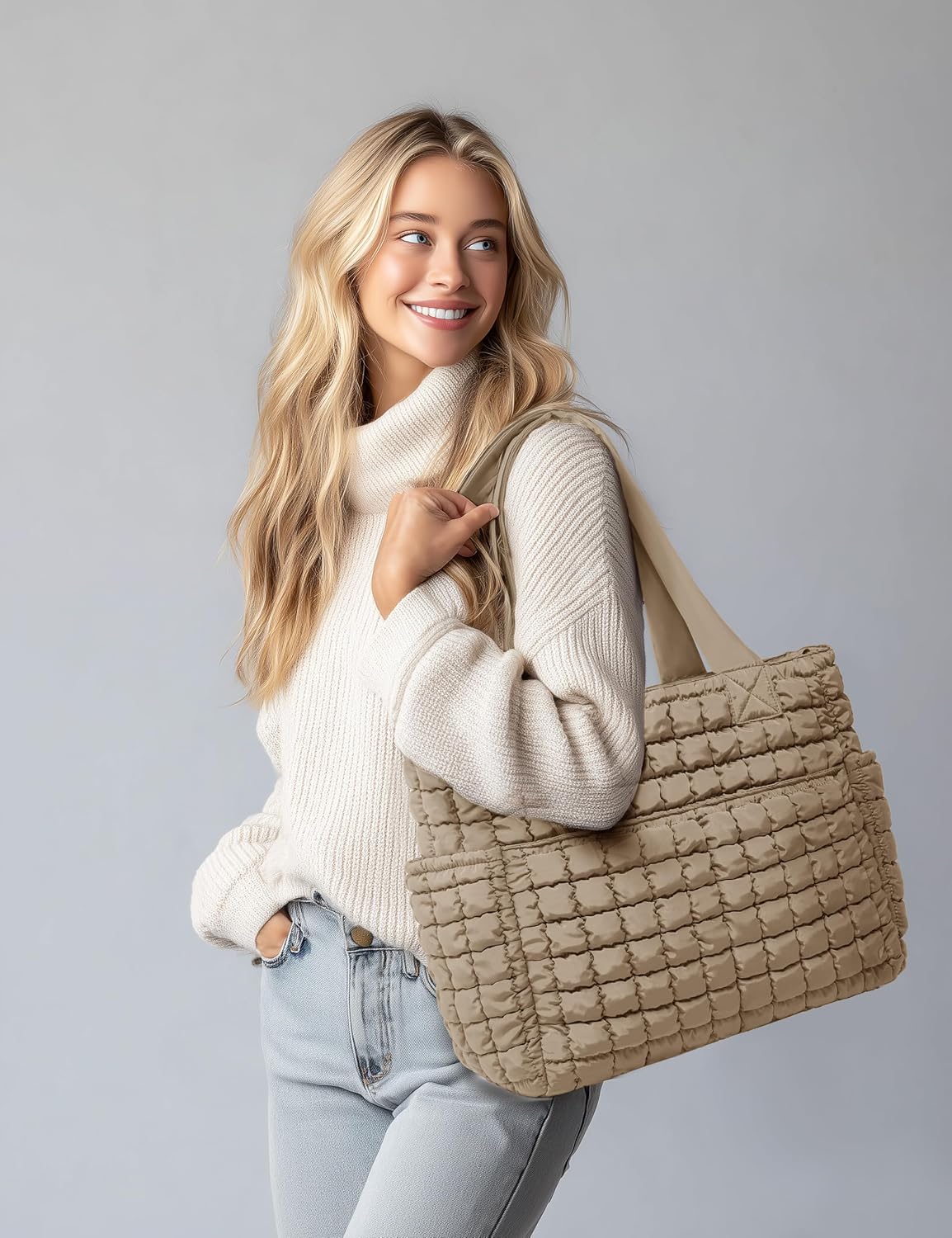 Yarnic Large Puffer Tote Bag for Women, Puffy Shoulder Handbag Quilted Tote Bag with 7 Pockets for Travel Work Gym - Image 2