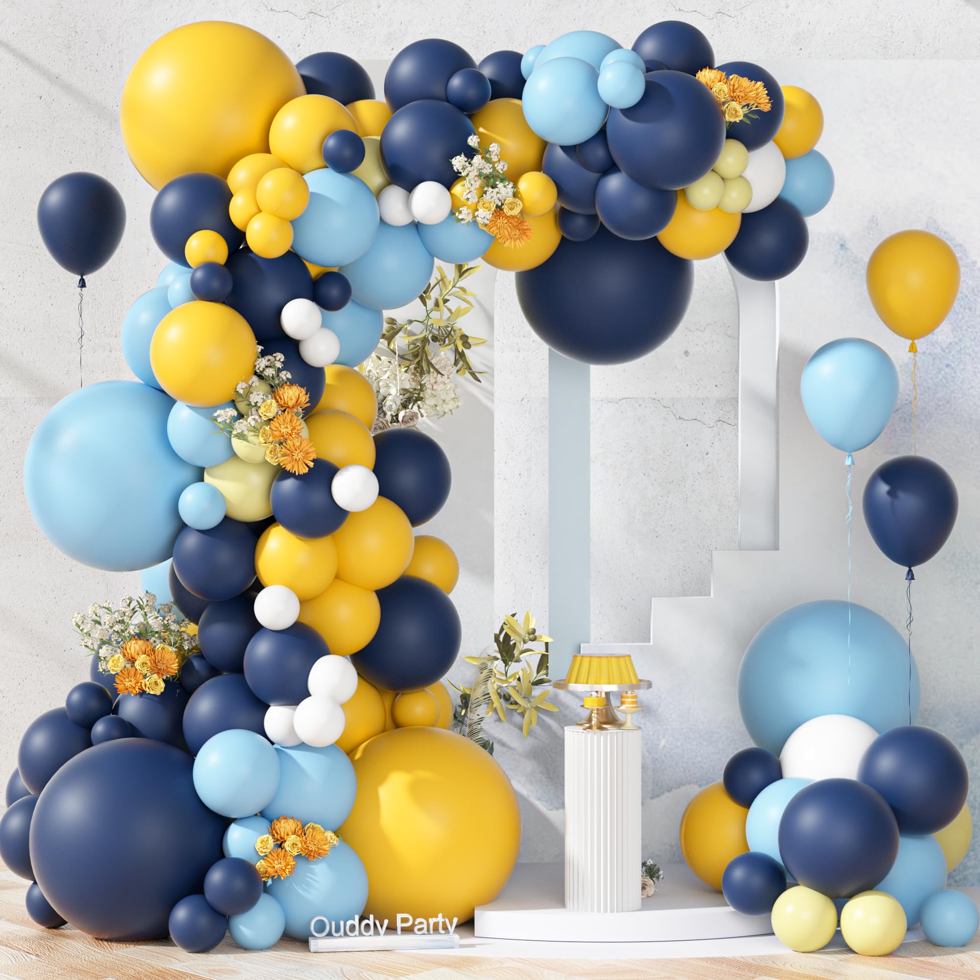 Ouddy Party 149-teiliges blaues und gelbes Ballon-Girlande-Set, verschiedene Größen, 45,7 cm, 30,5 cm, 25,7 cm, 12,7 cm, 12,7 cm, weiße Latex-Luftballons für Sommer, tropische Zitrone, Babyparty
