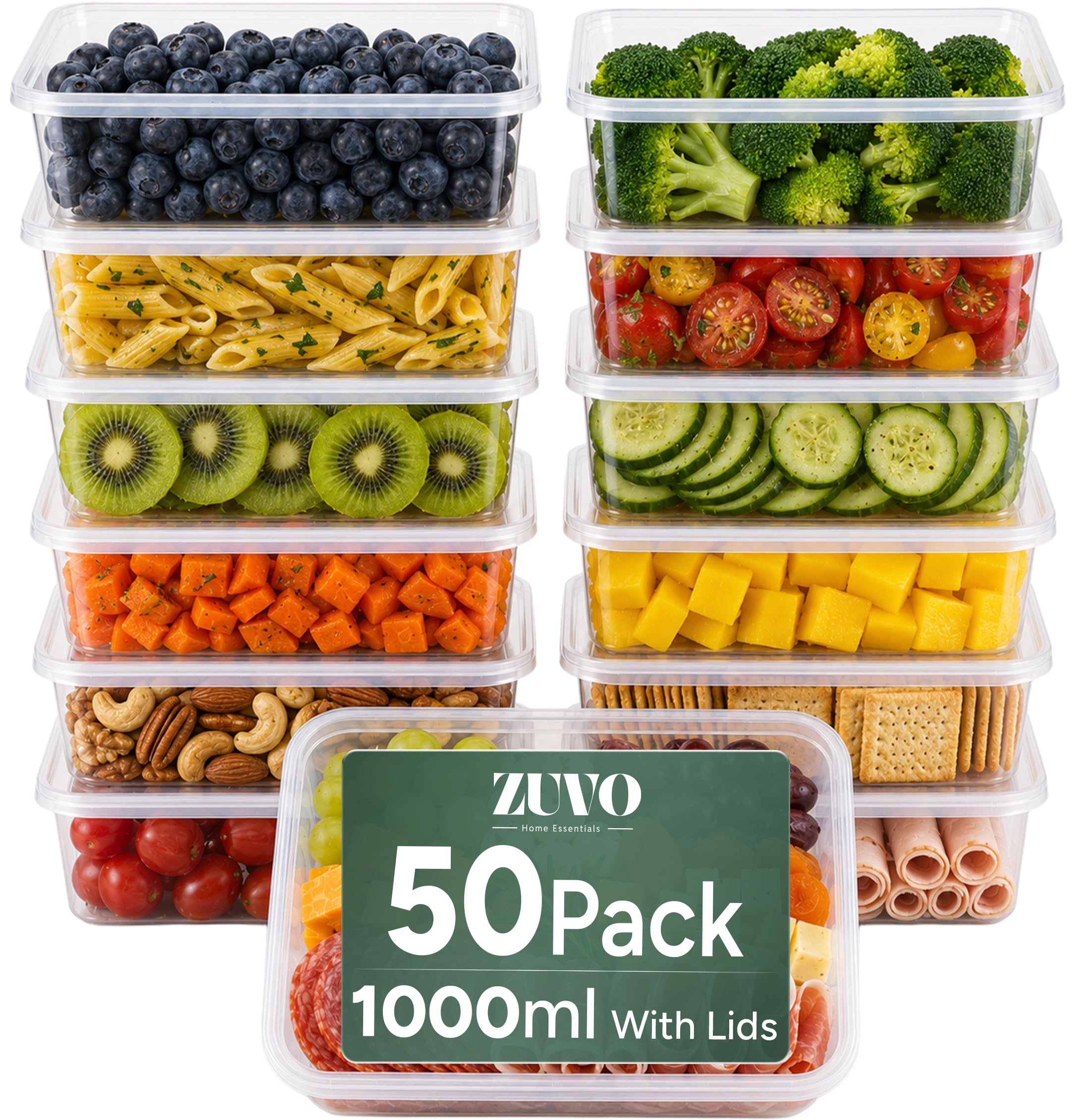 Zuvo Plastic Food Containers with Lids, 50-Pack, 1000ml, Reusable