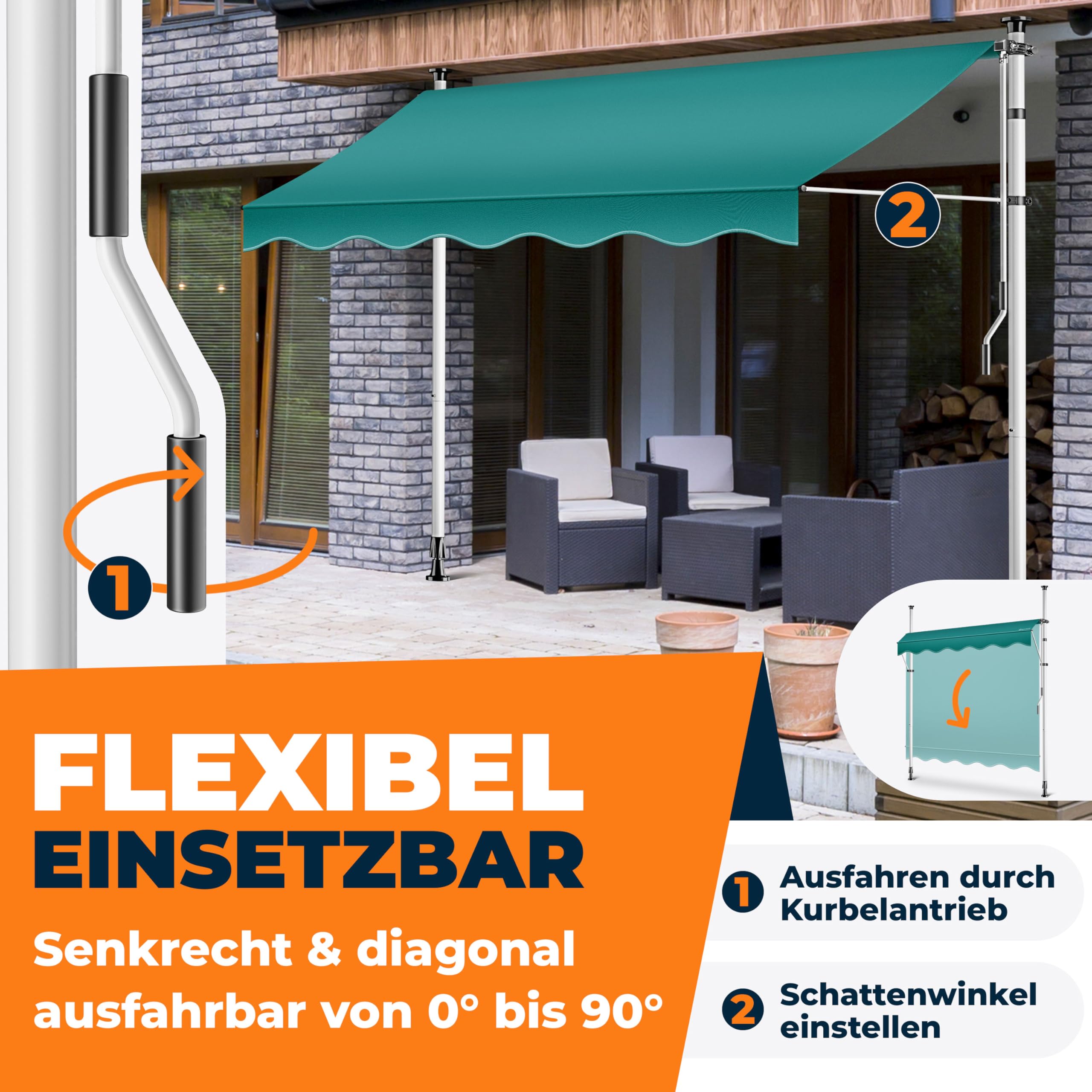KESSER® Klemmmarkise mit Handkurbel Balkon | Balkonmarkise ohne Bohren | Markise UV-beständig höhenverstellbar & wasserabweisend