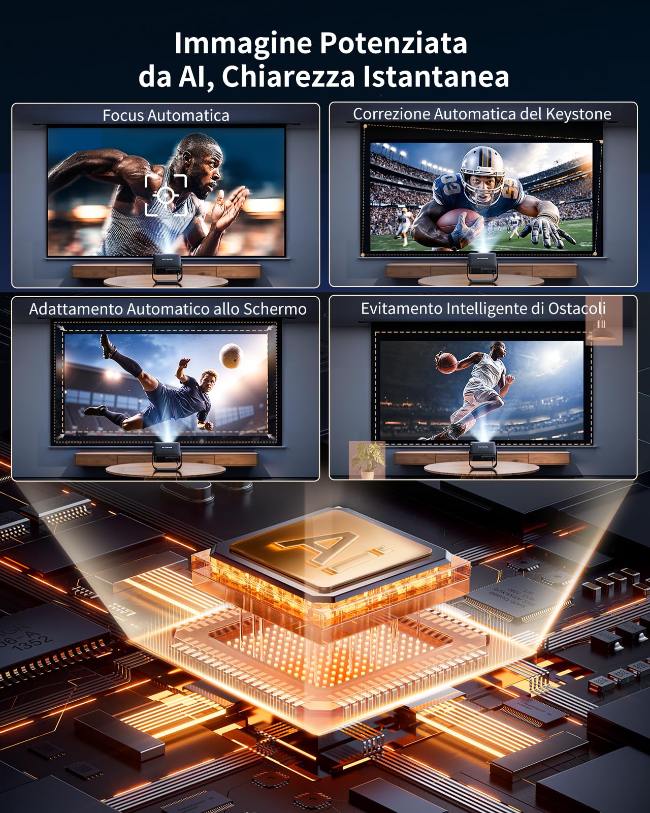 Proiettore Portatile【Smart TV & 1000+ Canali Live】Mini Proiettore 4K Smart TV Compatibile con Netflix, Rotazione 330°, Auto Focus WiFi Bluetooth, 1080P Nativo, Videoproiettore soffitto casa/campeggio