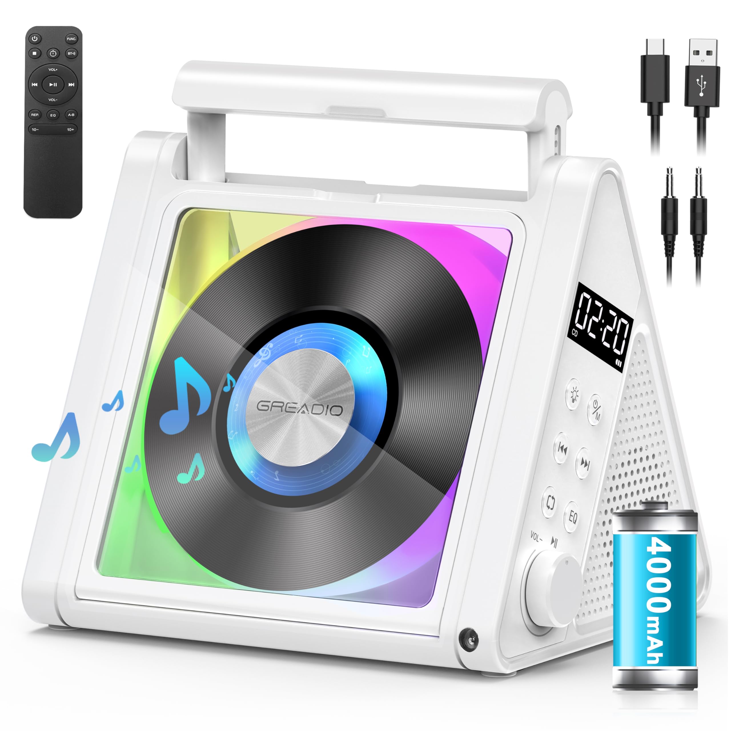 Greadio CD Player Tragbar, 4000mAh Wiederaufladbarer FM Radio mit Stereoanlage und Bluetooth 5.3, USB, AUX, Fernbedienung, 2 * 10W-HiFi-Sound-Lautsprecher, RGB-Farbige Lichter MP3 CD Player Kinder