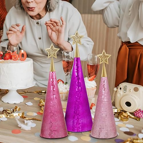 Miniatura 2 de Juego de 3 árboles de Navidad de cristal rosa y morado, 17, 15, 13 pulgadas, pequeño árbol de Navidad hecho a mano, decoración de discoteca para