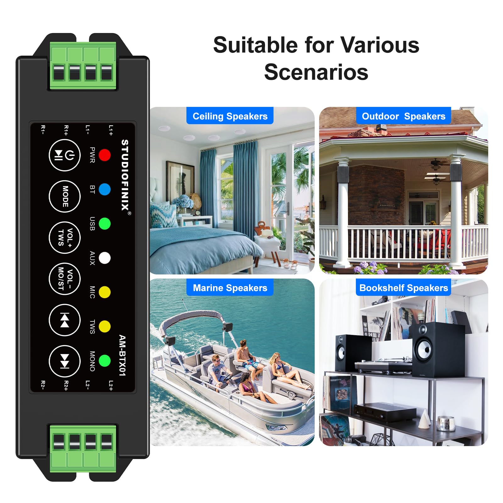 STUODIOFINIX Mini Amplificador Bluetooth de 4 Canales 120w para Altavoces pasivos con TWS, AUX, Mic, USB, Recambio, Apto para Altavoces de Pared/Techo/Marino/estantería