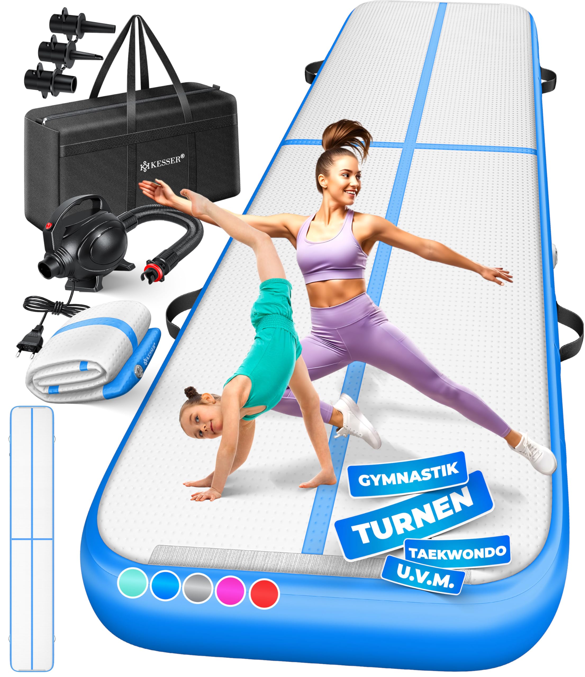 KESSER® Turnmatte Aufblasbar Airtrack Fitness-Matte Gymnastikmatte | inkl. Tragetasche & elektr. Luftpumpe | Yogamatte, Tumbling Matten, Trainingsmatte (Blau, 600 x 100 x 10 cm)