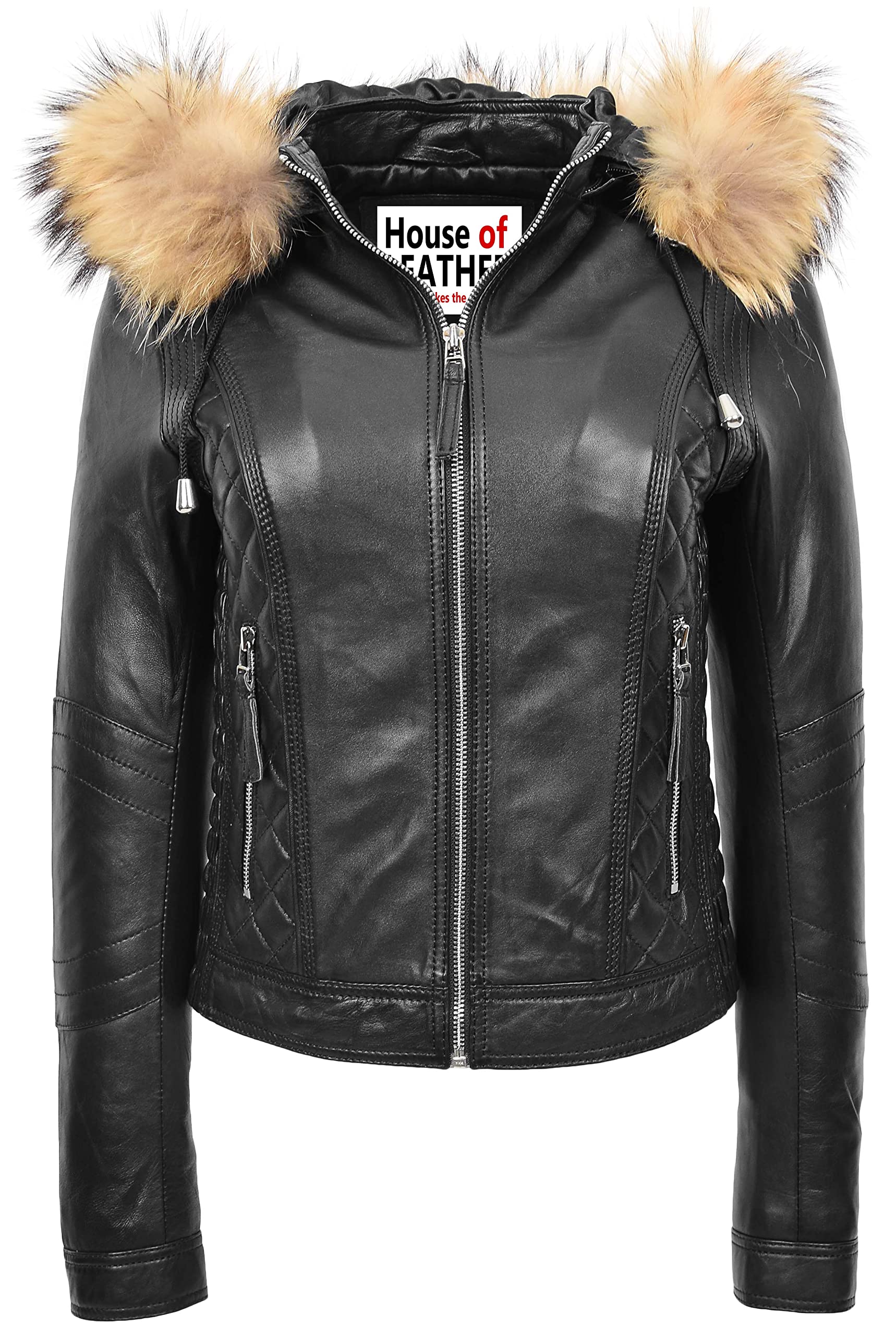 Womens Real Leather Biker Style Jacket Detachable Hoodie Lily (12, Black)
