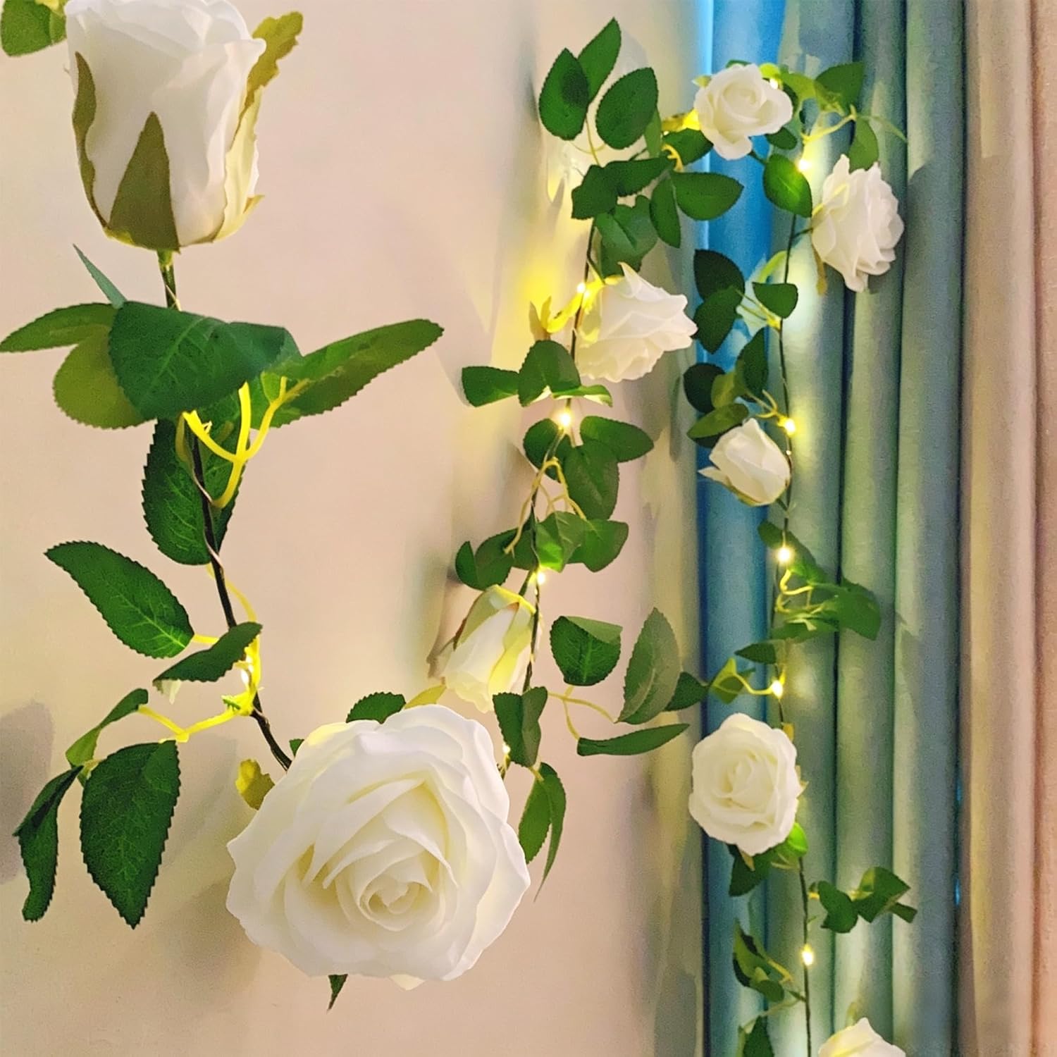 Fielegen Artificial Flower Garland with 20 LED String Lights, 6.56FT Hanging Rose Flower Vine Garland Decoration Lights for Garden Wedding Flower Table Decor Birthday Party Christmas DIY Wreath Decor image 3