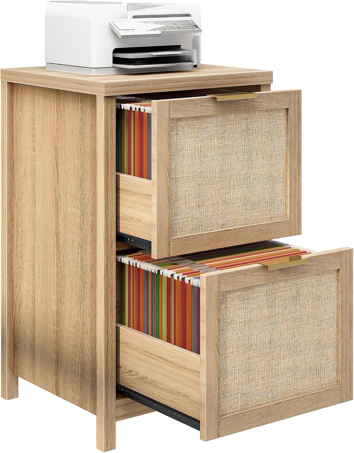 2-Drawer Rattan Small File Cabinet, Farmhouse Vertical Filing Cabinet Fits A4/Letter Size, Under Desk File Cabinets with Storage for Home Office, Wooden Printer Stand, Natural Oak