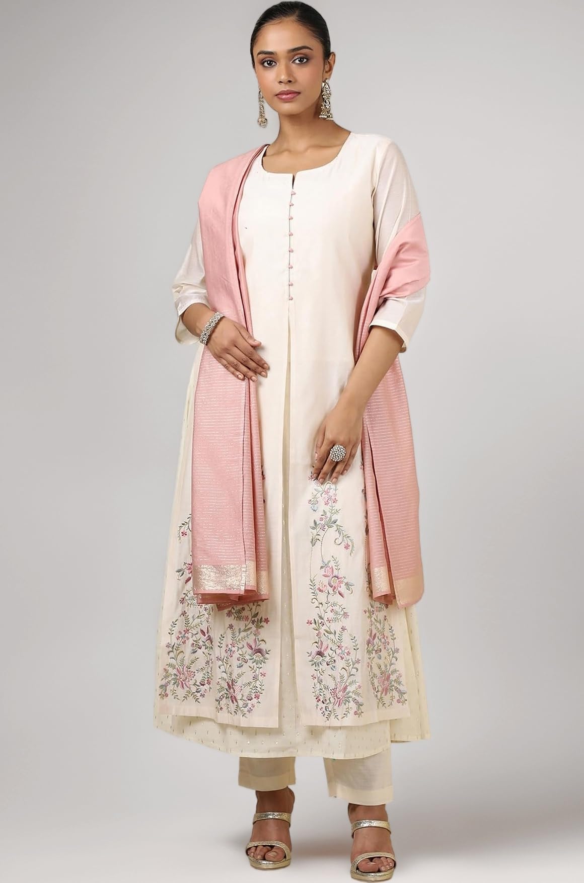 Womens Beige Chanderi Solid Chudidar Set With Thread Work