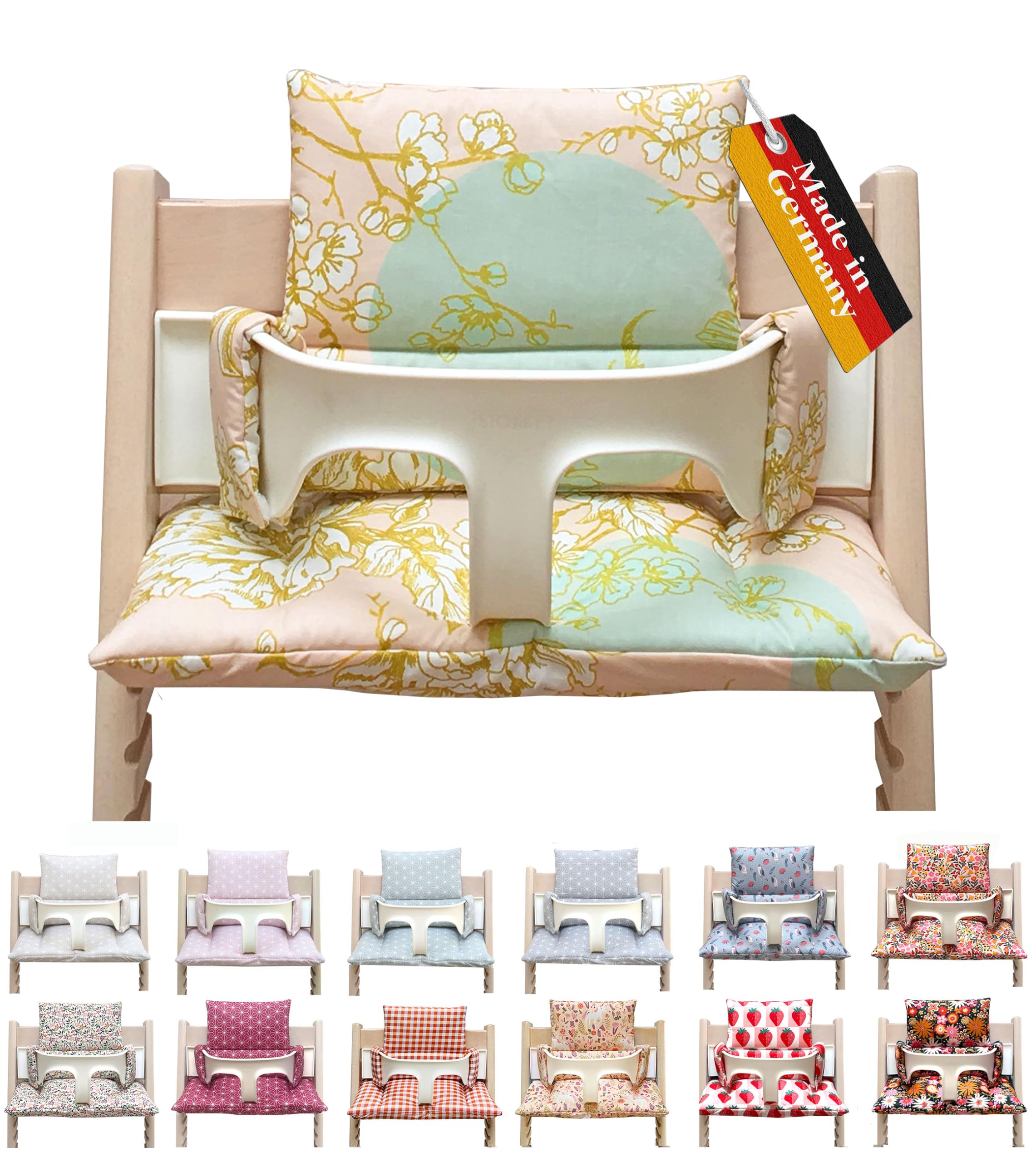 Blausberg Baby - BESCHICHTET - Sitzkissen Kissen Set Polster für Stokke Tripp Trapp Hochstuhl - Cherry Blossom Rosa Mint Gold