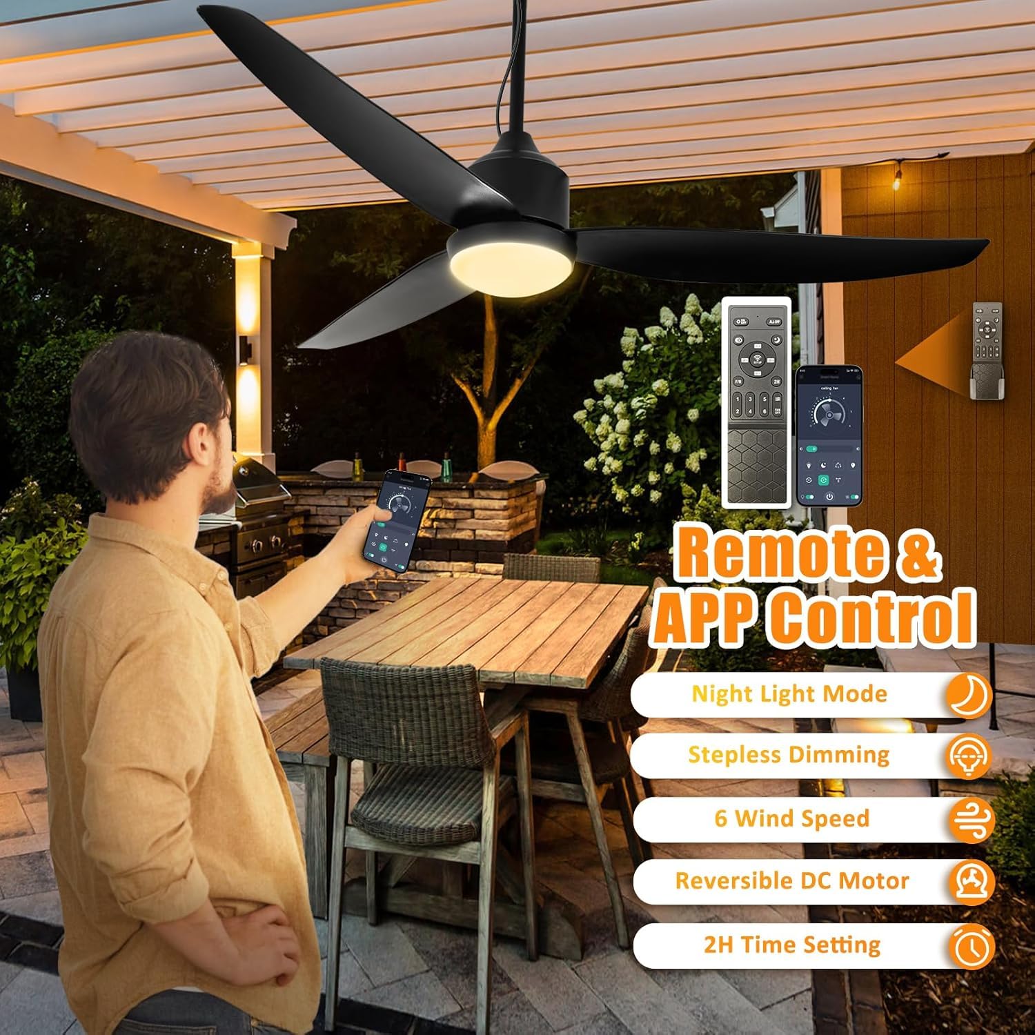 Ventilateur Plafond avec Lumiere et Télécommande IP65 Etanche Plafonnier Ventilateur de Plafond LED Silencieux Réversible Dimmable 6 Vitesses Ceiling Fan with Light Moderne DC pour Chambre à Coucher