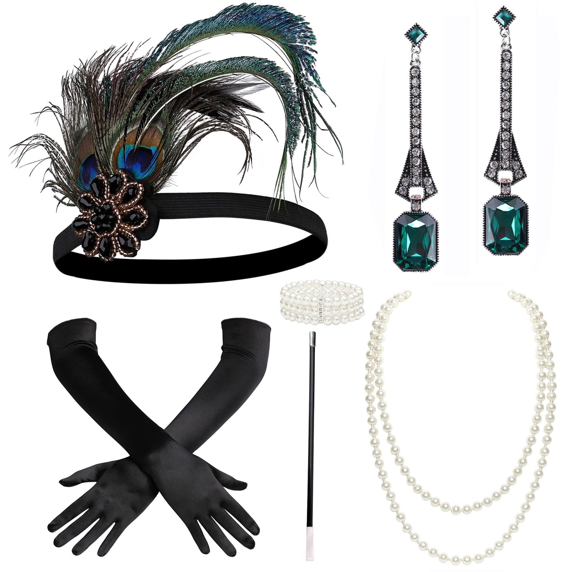 1920s Flapper Accessories Gatsby Costume Accessories Set 20s Flapper Headband Pearl Necklace Gloves Plastic Holder