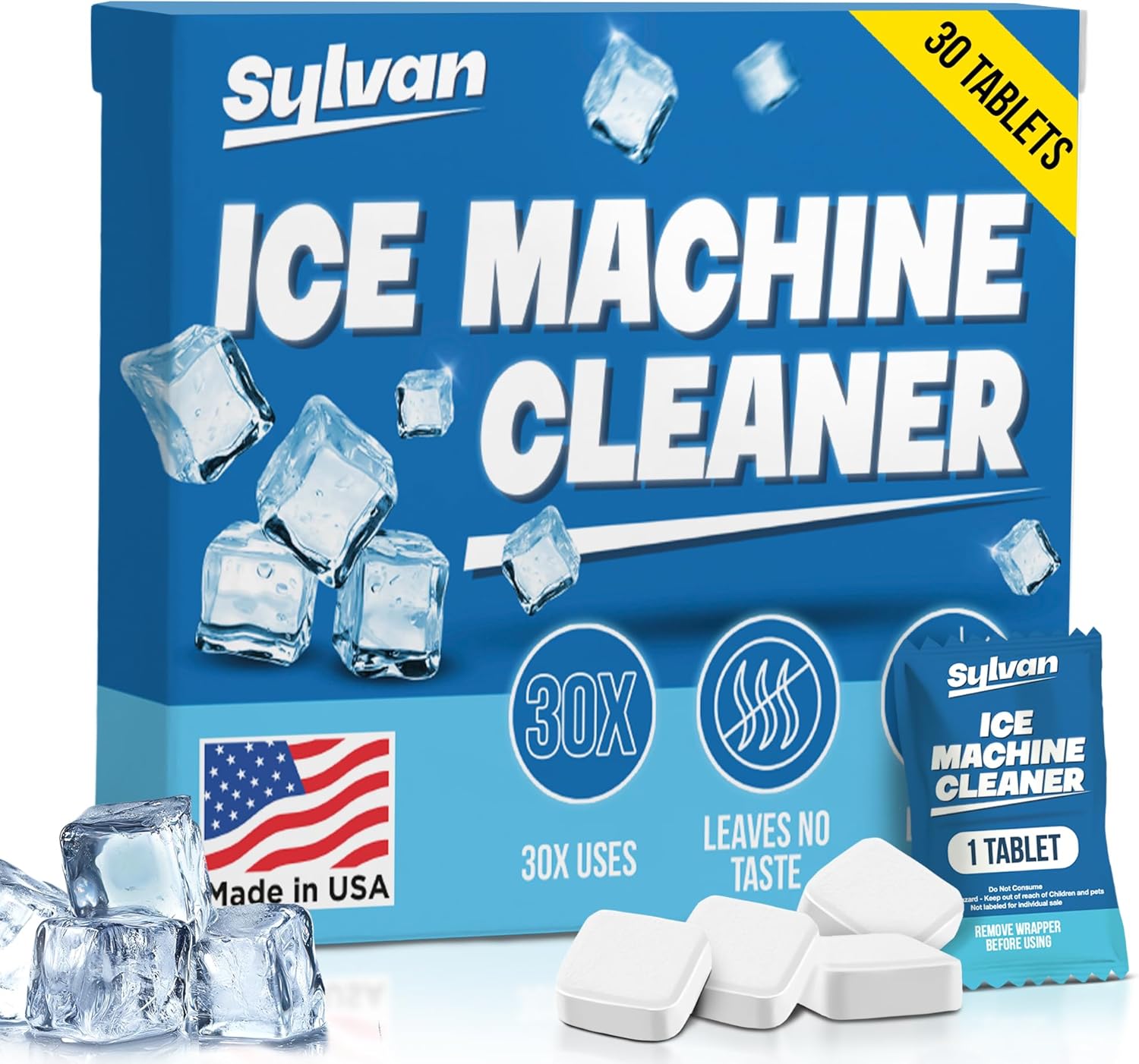 Sylvan Ice Machine Cleaner and Descaler Tablets | 30 Tabs | Made in USA | Nickel Safe Ice Maker Cleaner and Descaler | Universal Compatibility for Commercial & Residential Ice Makers