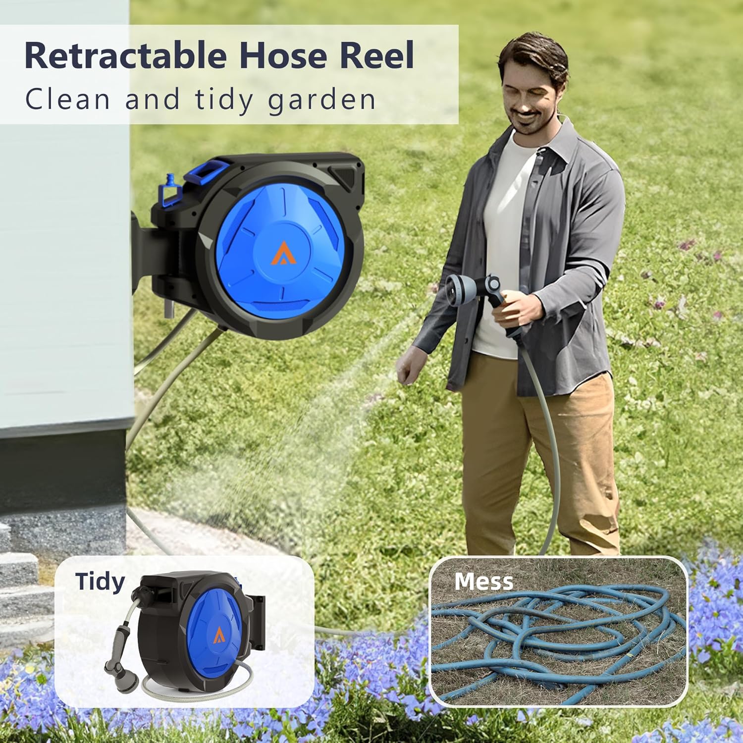 KORVOS Retractable Garden Hose Reel, 1/2"x 112 ft Hose Reel Wall Mounted, Heavy Duty Garden Water Hose Reel with 10 Pattern Nozzle, Any Length Lock, Slow-Rewind Return System, 180°Swivel Bracket