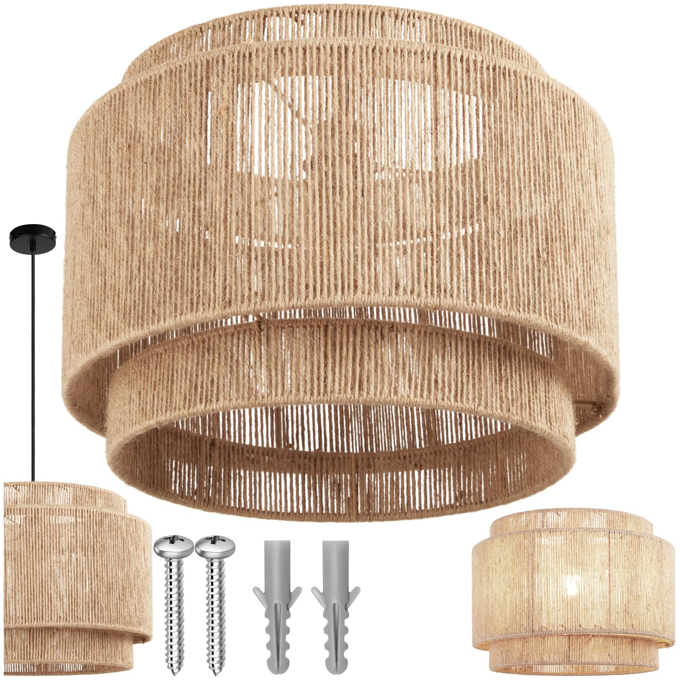 tectake® Hängelampe im Boho Stil, Pendelleuchte aus Jute, Vintage Lampenschirm Hängelampe, Ø 46 cm, Pendelleuchte Esstisch, Küchenlampe, Deckenleuchte Schlafzimmer, E27 Lampe Hängend, Hängeleuchte