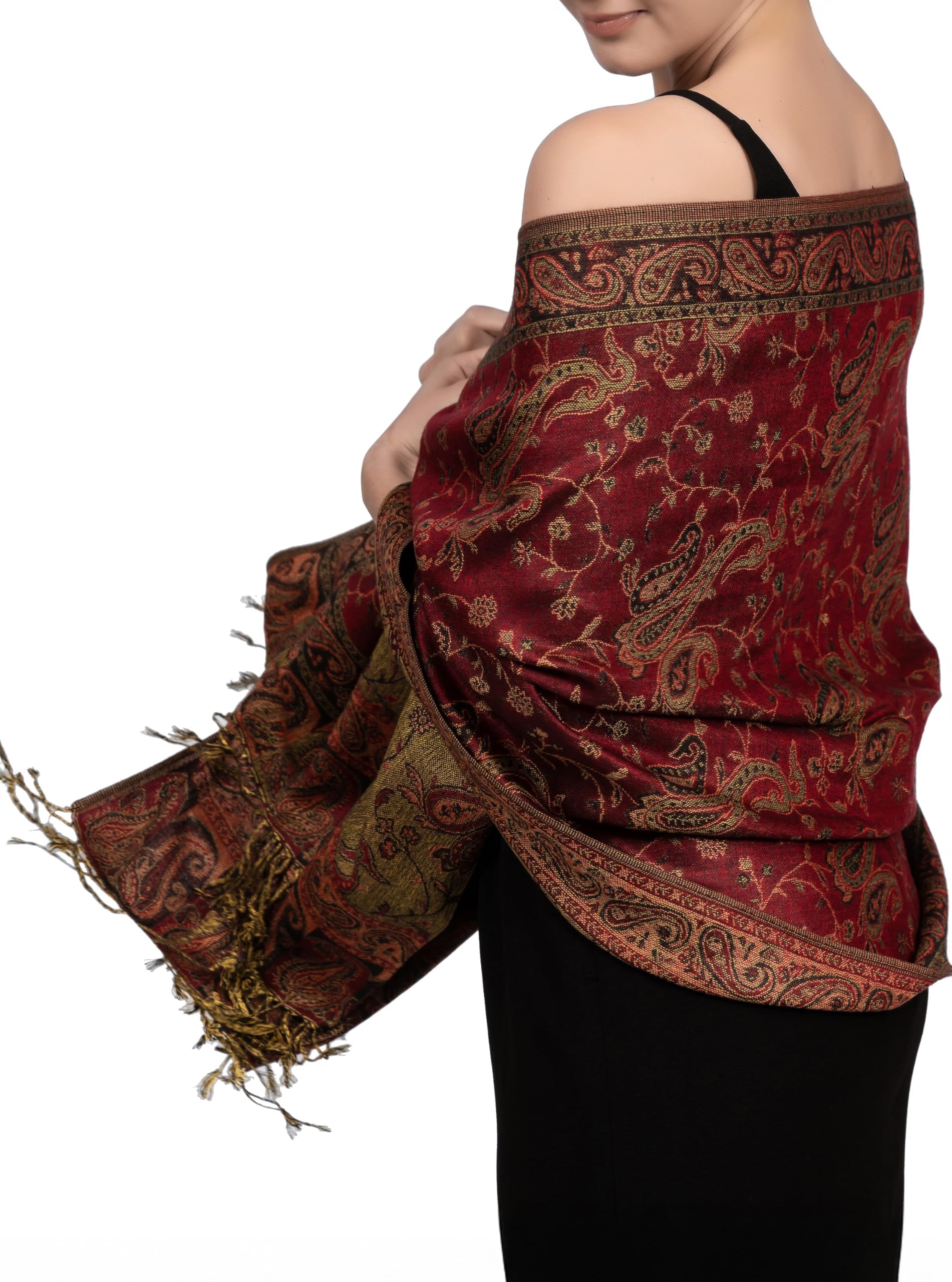 Reversible Paisley Pashmina Rave Scarf – Exotic Indian Shawls and Wraps for Evening Dresses, Festivals, All Seasons