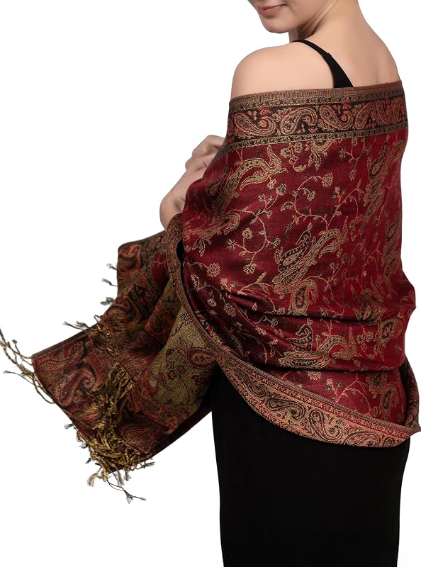 Achillea Reversible Paisley Pashmina Rave Scarf – Exotic Indian Shawls and Wraps for Evening Dresses, Festivals, All Seasons
