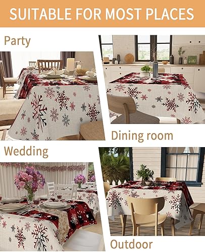 Miniatura 5 de Manteles cuadrados  redondos de copo de nieve de Navidad de 52 x 52 pulgadas, mantel a cuadros rojos y negros, sin arrugas, decoración de mesa para