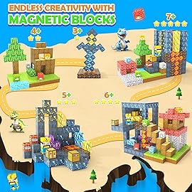154PCS Large Magnetic Blocks-Build Mine Magnet World Dinosaur & Mine Edition, Building Outdoor Sensory Toys for Kids 3-5, STEM Jurassic Kid Games for Toddler Gifts for Boys and Girls Ages 3 4 5 6 7 8