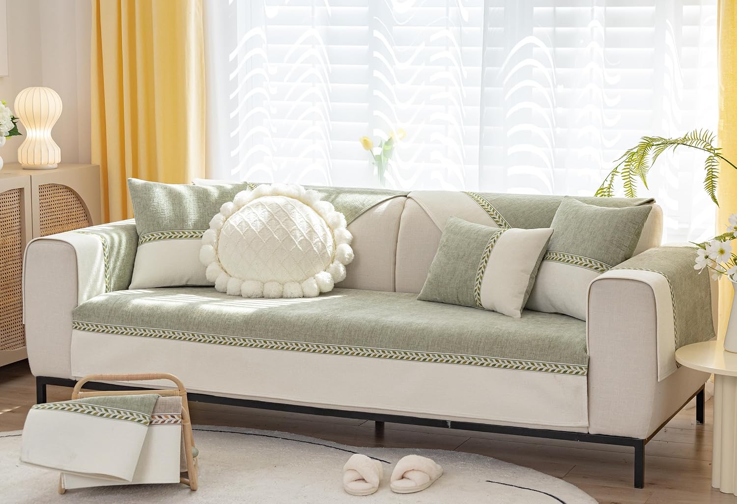 Luxury Chenille Sofa Cover Green Leaf Embroidery Color Block Sofa Slipcover Soft Sectional Couch Cover Non-Slip Sofa Slipcovers Washable Furniture Protector for Pet Kids (Green,28"x28")
