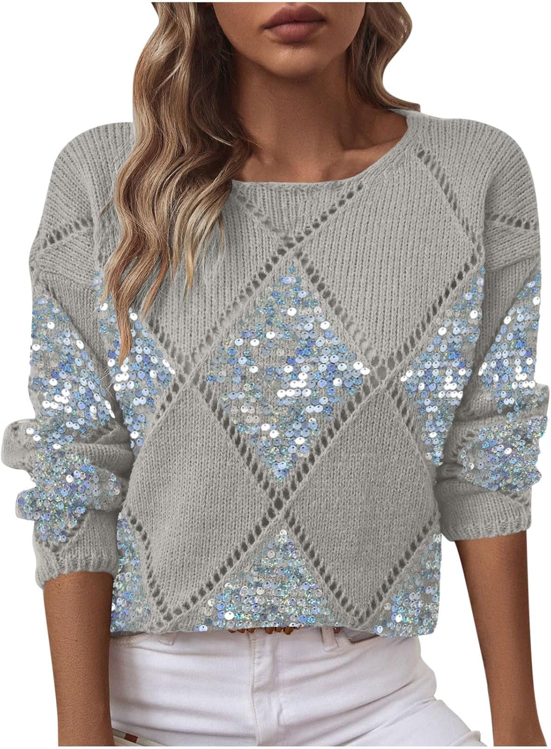 Women's Fashion Hollow-Out Sequin Sweater - Pattern Loose Knit Pullover with Sparkle, Eye-catching Round Neck Tops