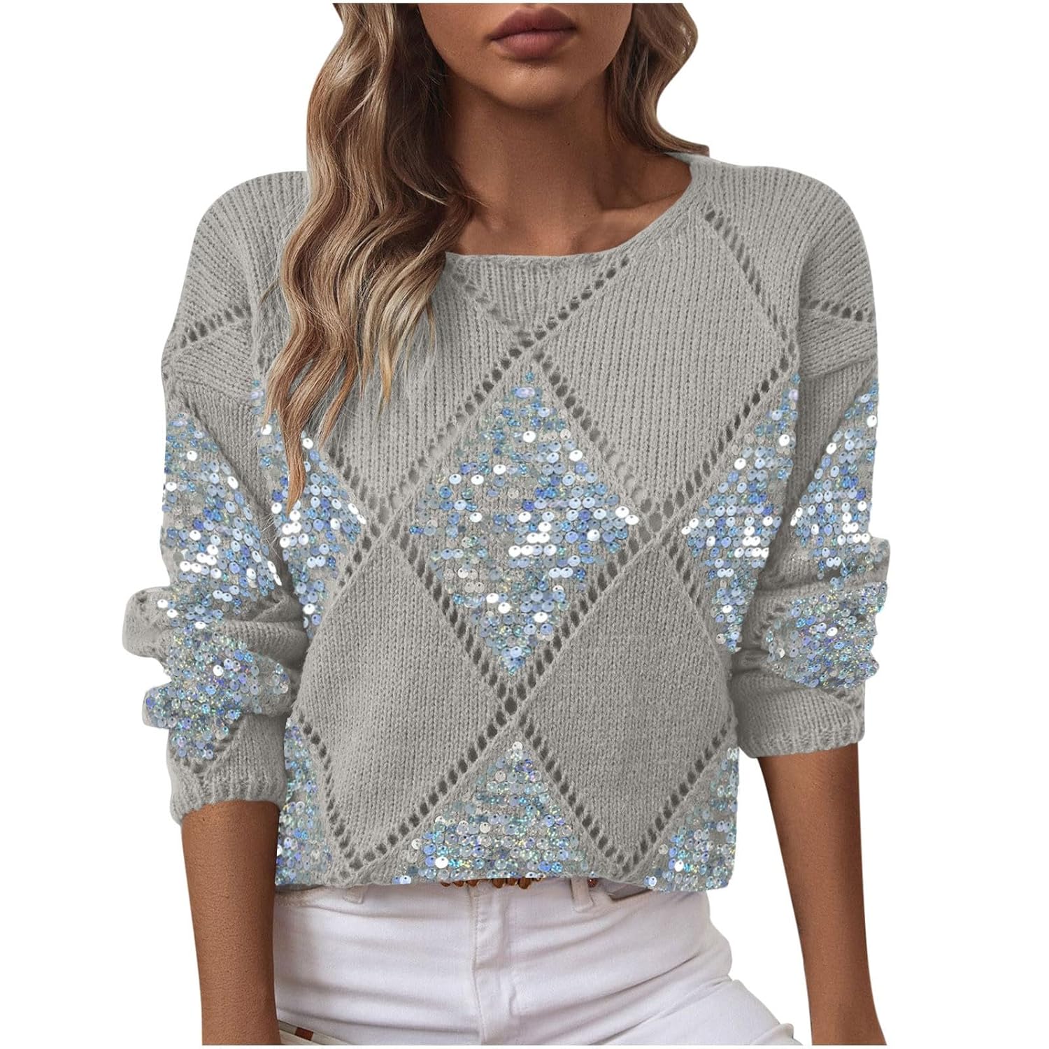 Sequins Tops for Women Argyle Sweater Fall Winter Knit Shirts Crewneck Long Sleeve Loose Lightweight Pullover