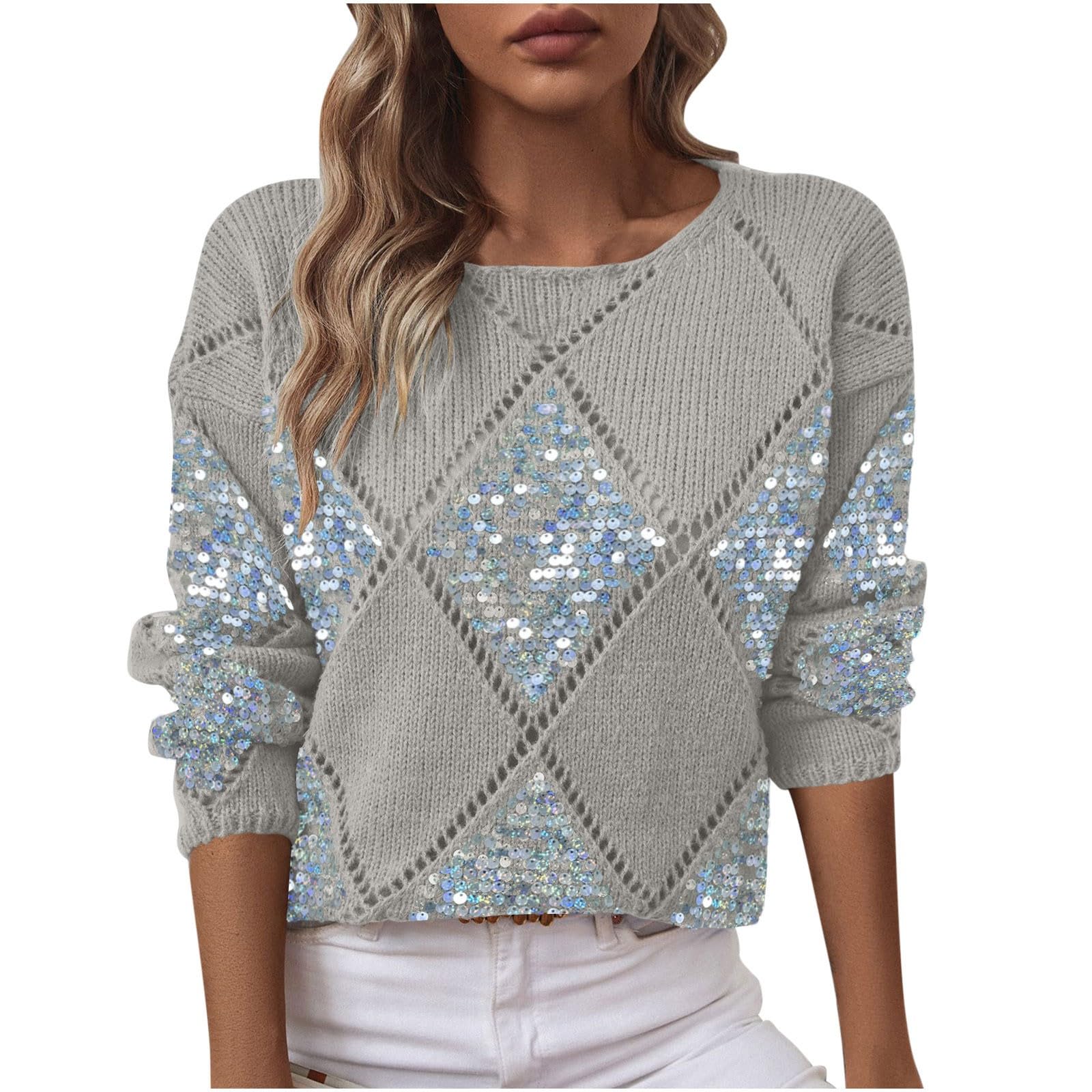 Sequins Tops for Women Argyle Sweater Fall Winter Knit Shirts Crewneck Long Sleeve Loose Lightweight Pullover
