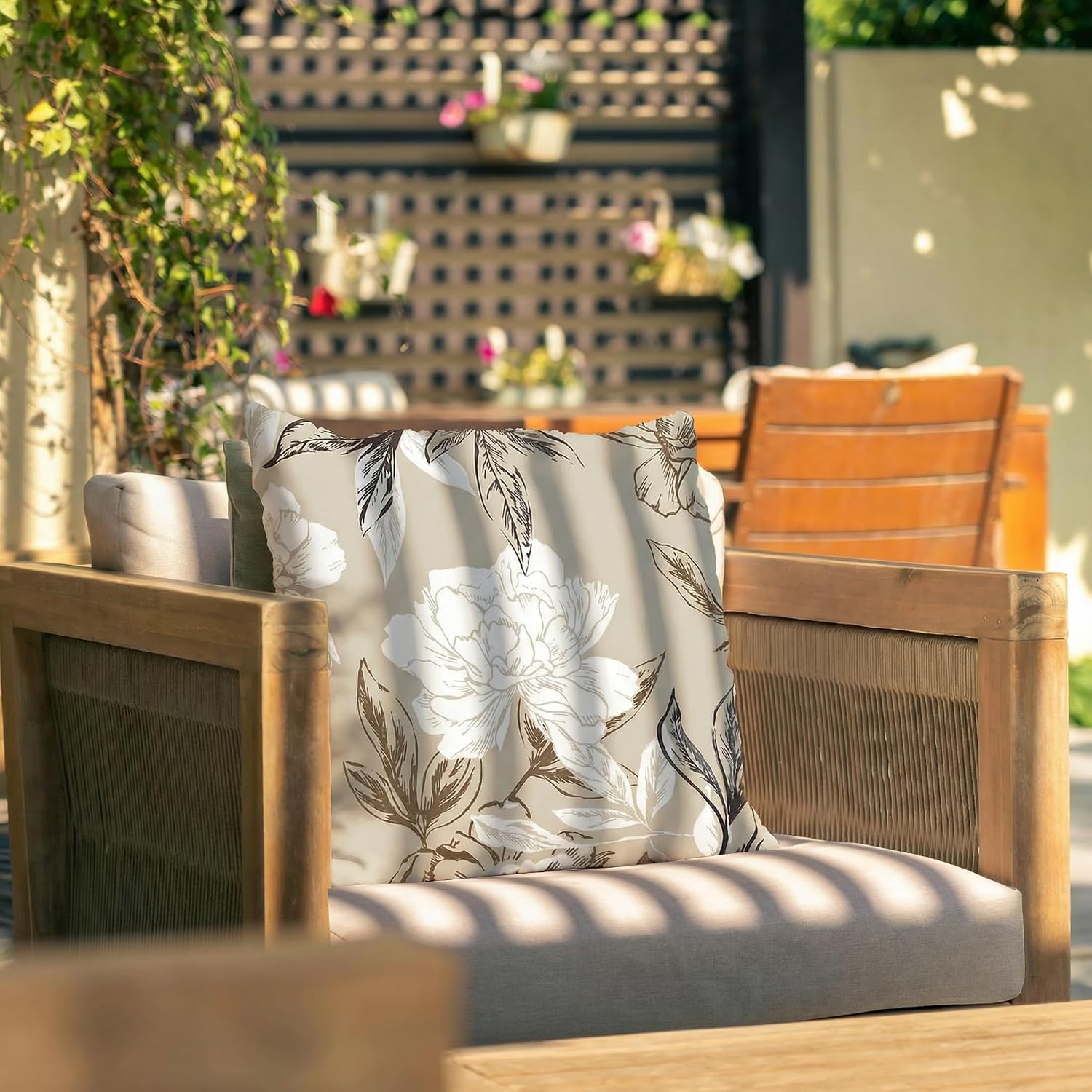 CALBODE Outdoor Waterproof Throw Pillow Covers Set of 2 Square Decorative Farmhouse Water Resistant Cushion Covers for Tent Patio Garden Sofa, Cover Only(20x20 Inch,Beige Floral)