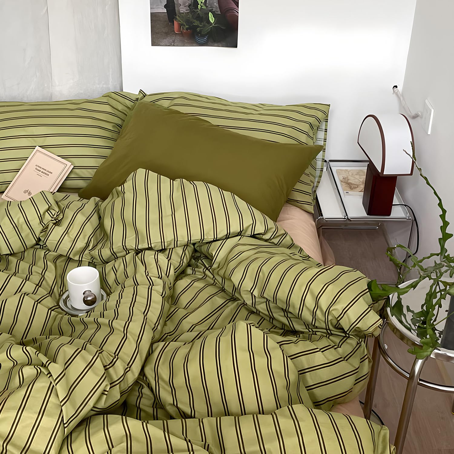 Photo 1 of mixinni Vintage Stripes Duvet Cover Set King - 3-Piece Mid-Century Cotton Olive & Taupe Striped Bedding, Soft Breathable All-Season Comforter Cover with Zipper Closure & Corner Ties-King Size